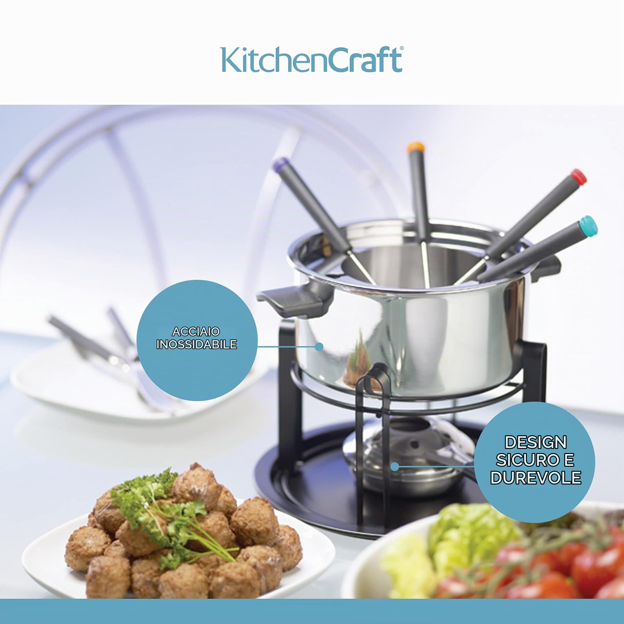 KitchenCraft - Deluxe Fondue- Set Set Fonduta con Ciotole, Acciaio Inossidabile, Argento