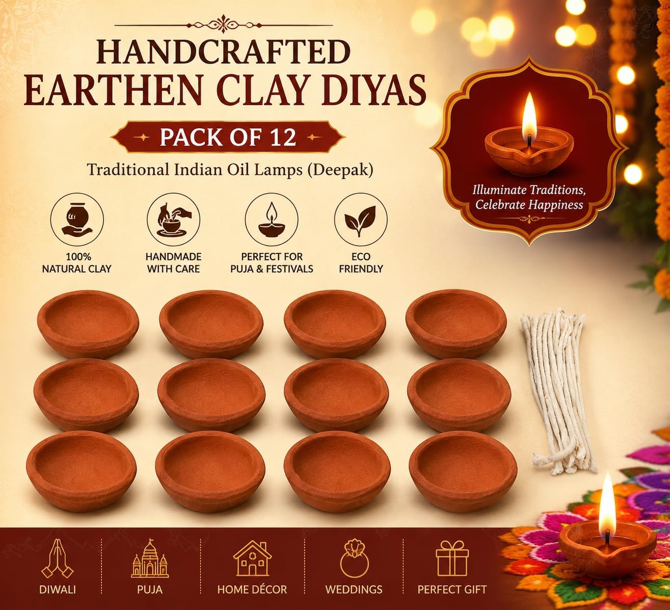 Handcrafted Earthen Clay Diyas Pack of 12 | Traditional Indian Oil Lamps Deepak for Diwali Puja Temple Home Decor Festivals Wedding Gift Decoration