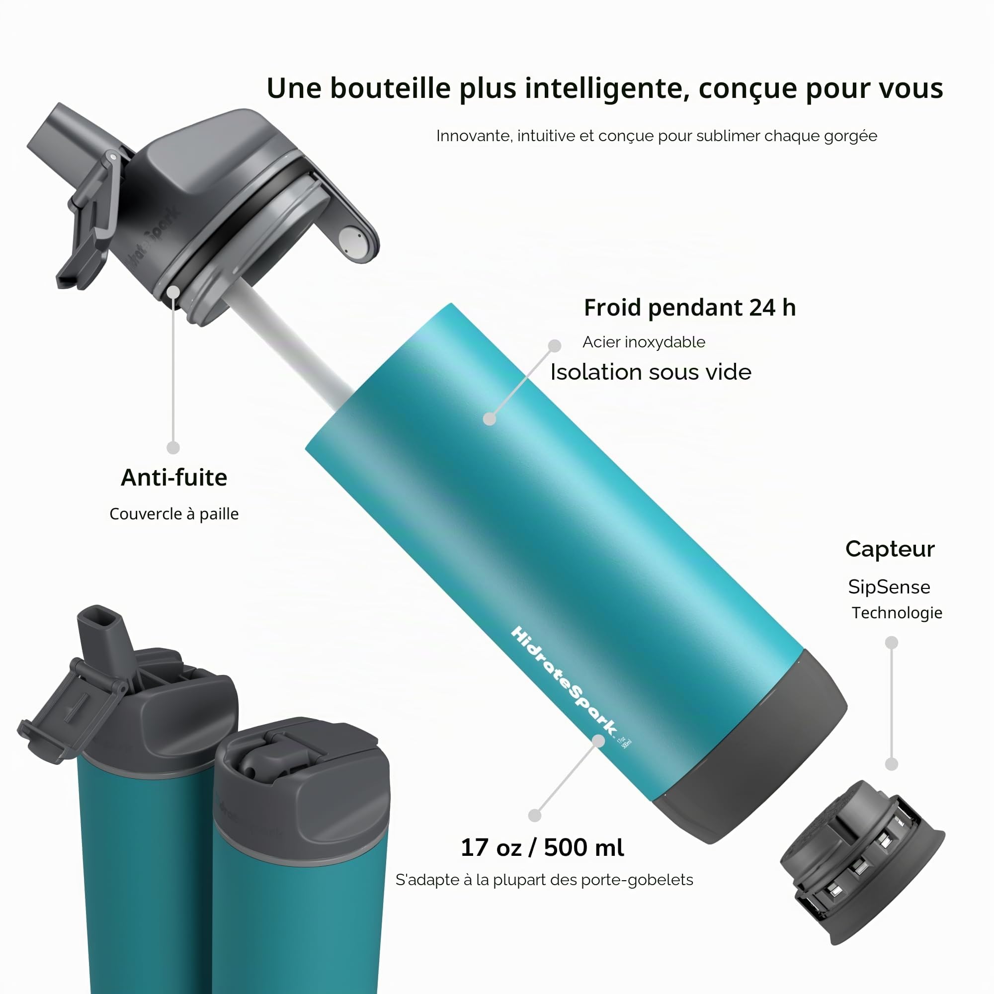 Hidrate Spark - Bouteille d'eau Intelligente en Acier, Suit la consommation d'eau et s'illumine pour Vous rappeler de Vous hydrater, Couvercle avec Paille, 503 ml, Verre de mer