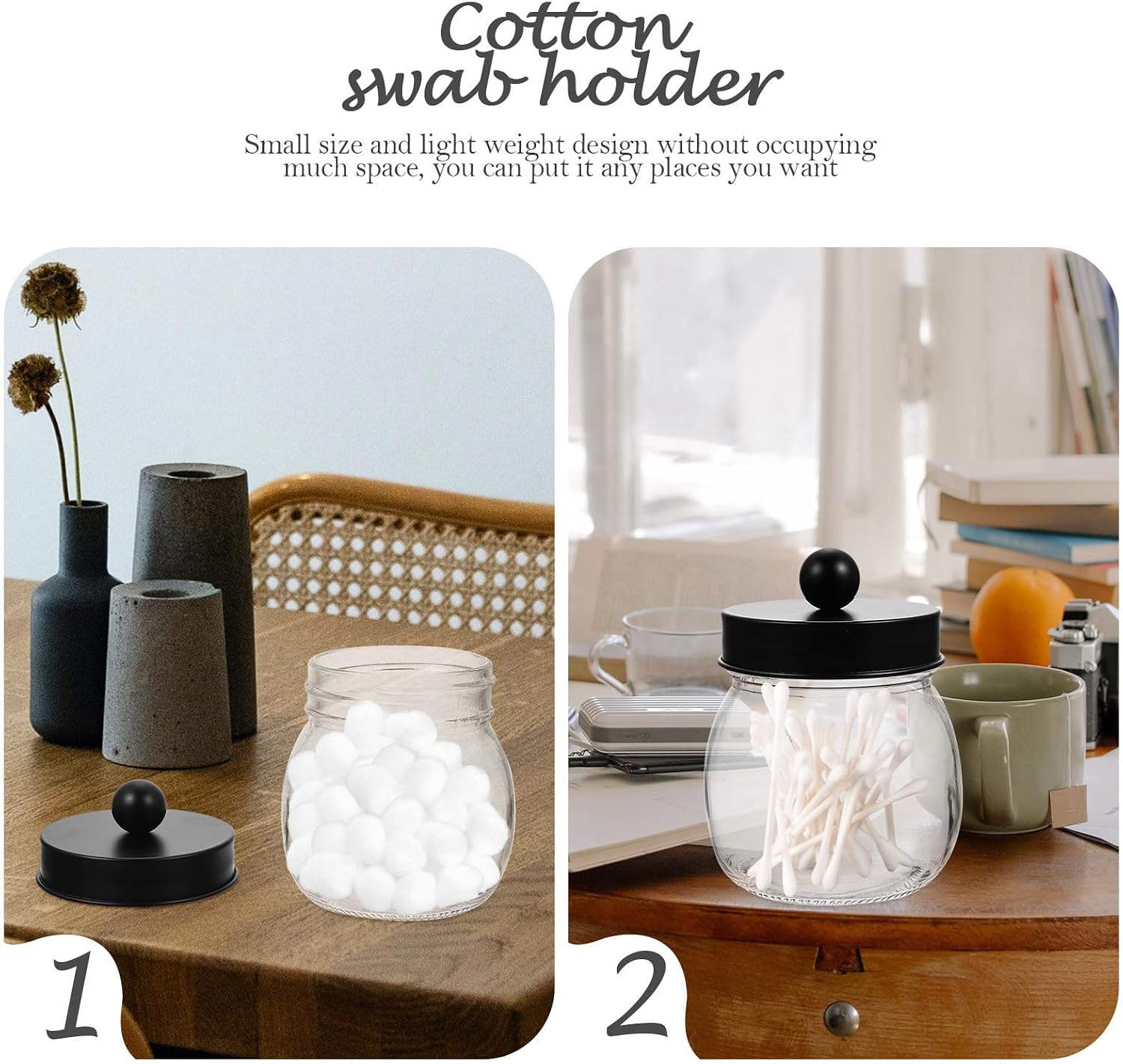 Glass Cotton Swab Holder and Cotton Ball Storage Jar Set 3pcs Glass Canisters with Black Stainless Steel Lid Bathroom Organizer and Swabs Minimalist Countertop Storage