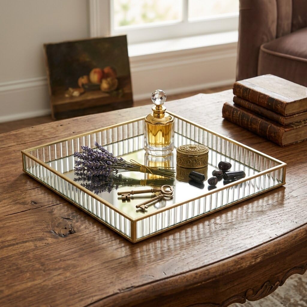 Veldra Gold Square Fluted Glass Tray - Large 11.75" - Square Glass Tray for Living Room, Elegant Gold Finish - by Cheungs