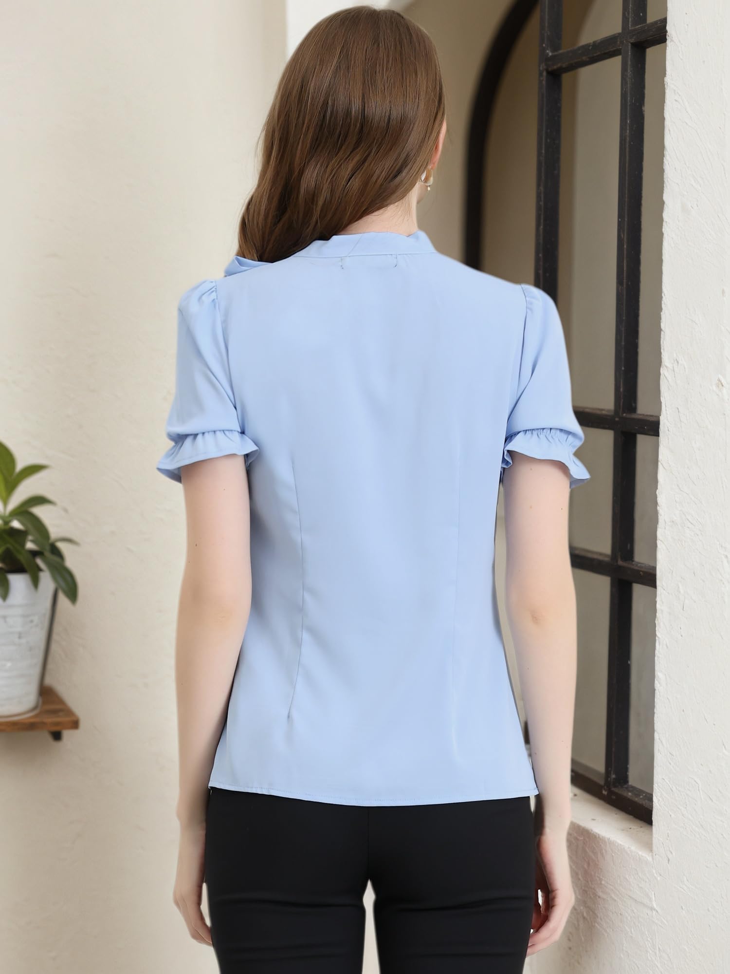Allegra K Damen Sommer Elegant Bluse 50er Jahre Schleife Schluppenbluse Festlich Oberteil Kurzarm Panel Fliege Hals Rüschen Shirt Hellblau XL