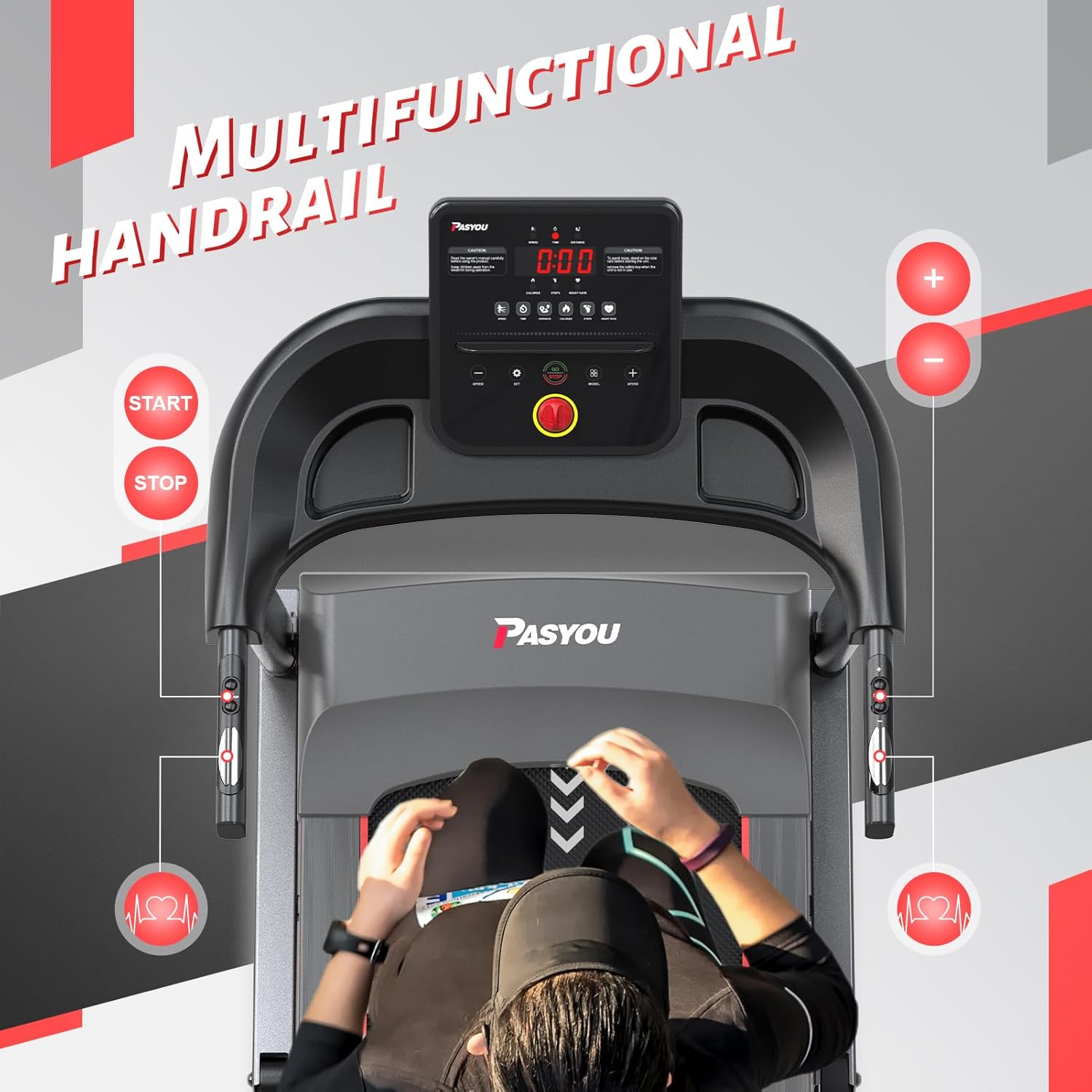 Close-up of the PASYOU PT20G treadmill console and handrails, showing START and STOP buttons and heart rate sensors.