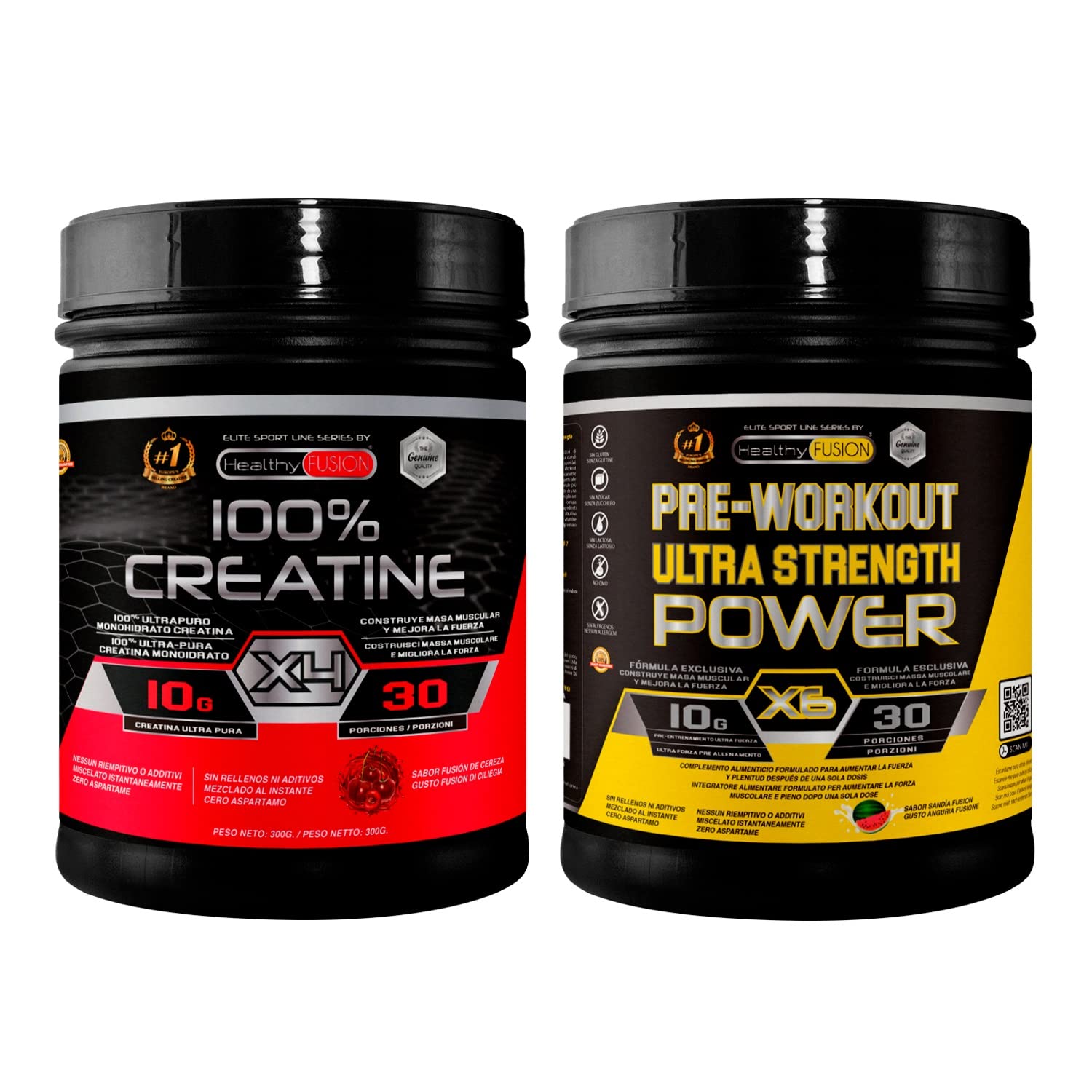 Healthy Fusion Pack Creatina Monohidrato Micronizada 300 g Sabor Sandía + Pre-Workout 300 g Sandía | Beta-Alanina, Taurina y Cafeína | Fuerza, Energía, Alta Solubilidad, Rendimiento Físico