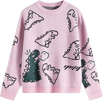 Womens Dinosaur Print Knit Sweater Harajuku Oversized Pullover Y2K Sweaters Aesthetic Preppy E Girl Streetwear