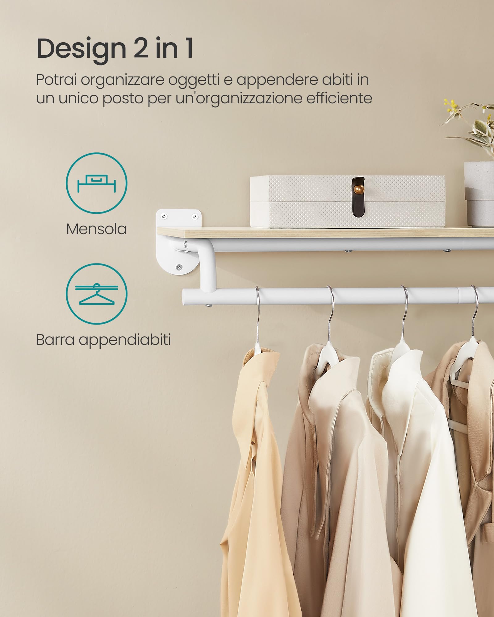 SONGMICS Appendiabiti da Parete, Barra Appendiabiti con Mensola da Muro, Portata Totale 35 kg, 28 x 109 x 13,2 cm, Camera da Letto Cabina Armadio, Beige Naturale e Bianco Nuvola HSR135W01