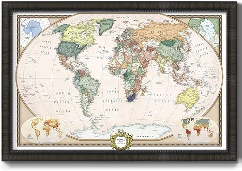 Miniatura 9 de Renditions Gallery - Lienzo artístico del mapa del mundo colorido con marco de nogal, arte de pared para viajes con pines de empuje para el hogar,