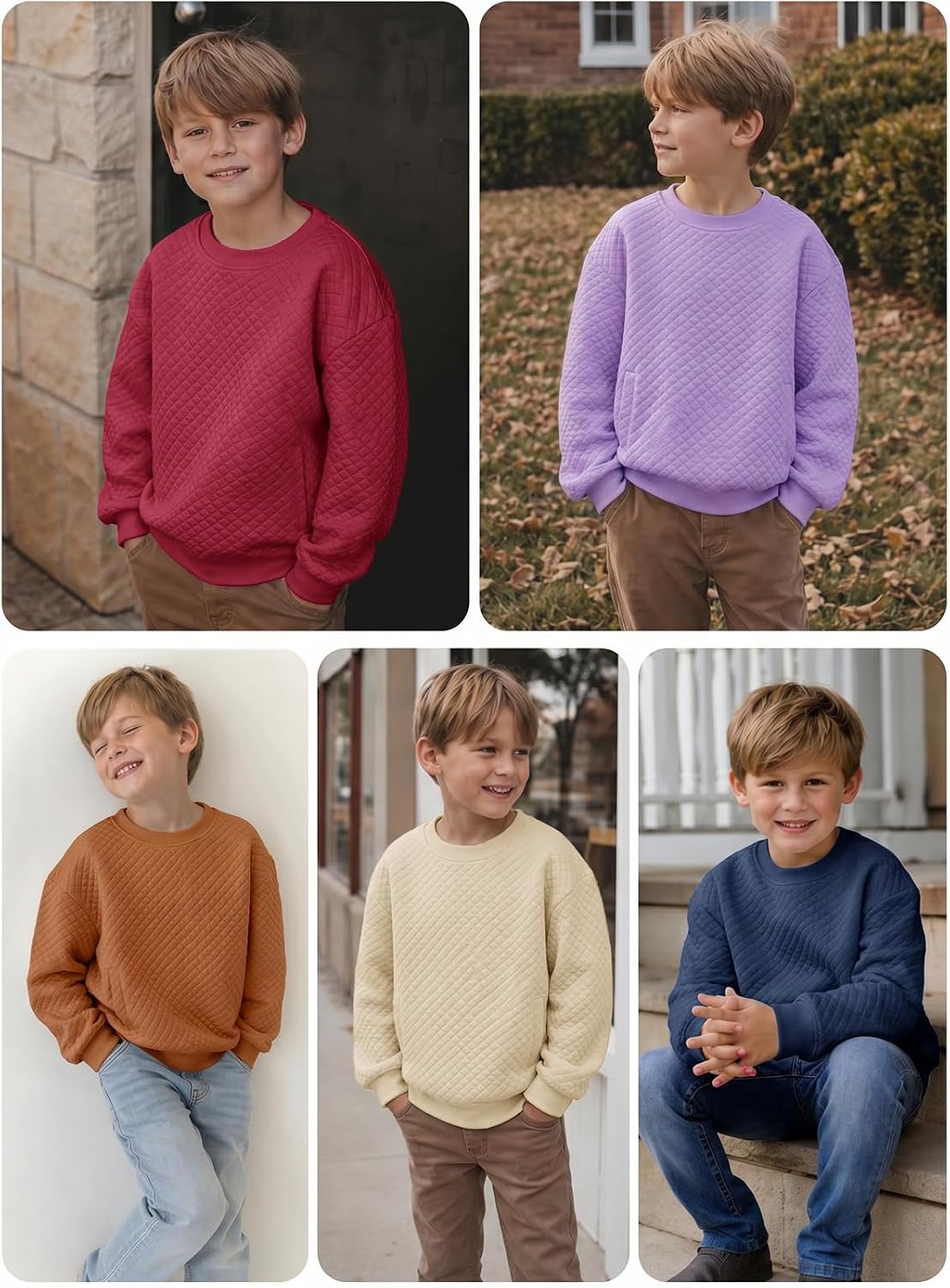 Haloumoning Boys Quilted Sweatshirts Kids Fashion Crewneck Long Sleeve Pullover Clothes with Pockets 5-14 Years