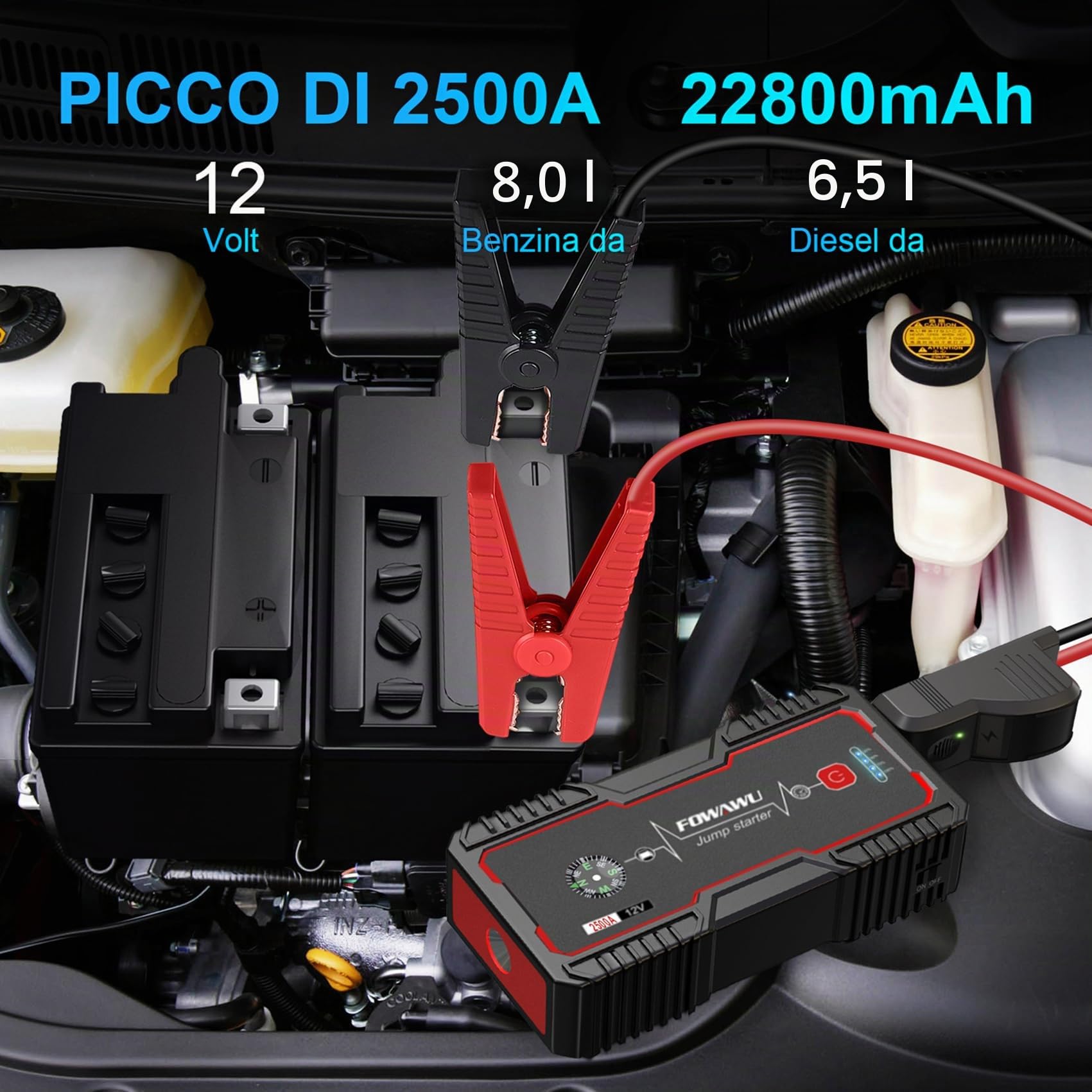 FOWAWU Avviatore Batteria,22800mAh 2500A Avviatore di Emergenza per Auto,Moto(8.0L Gas o 6.5L Diesel), Starter Batteria Auto con Smart-Clip Può Emettere DC 12V