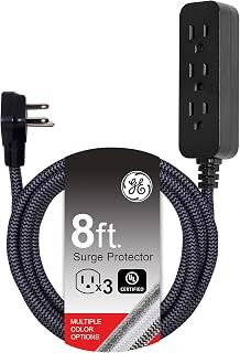 GE Pro 3-Outlet Power Strip with Surge Protection, 8 Ft Designer Braided Extension Cord, Grounded, Flat Plug, 250 Joules, Warranty, UL Listed, Black/Gray, 41282