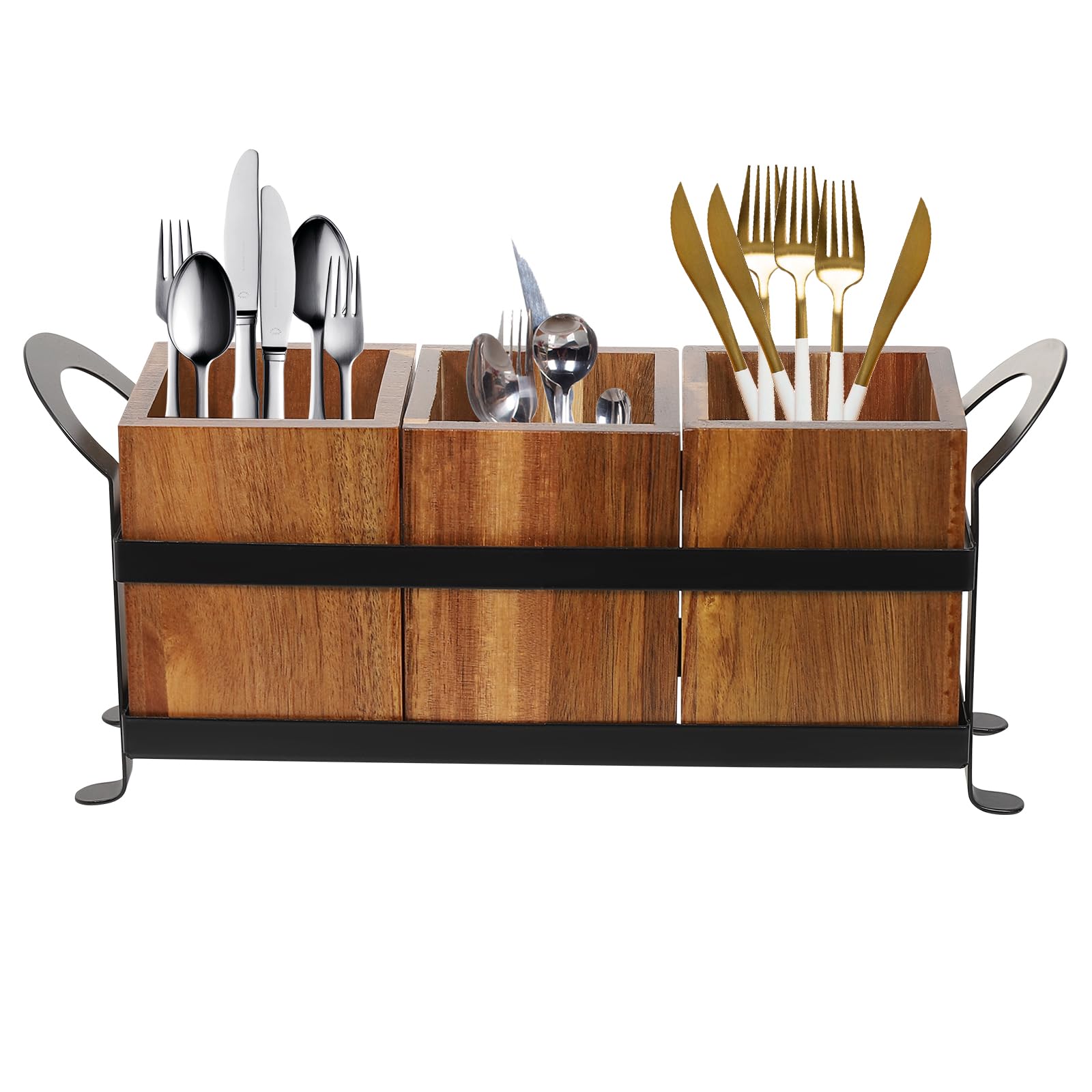 HHEMSTD Wooden Cutlery Holder with Metal Tray, 3 Compartment Utensil Caddy, Kitchen Countertop Organizer for Forks Spoons Straws, 33.5x9.4x14cm