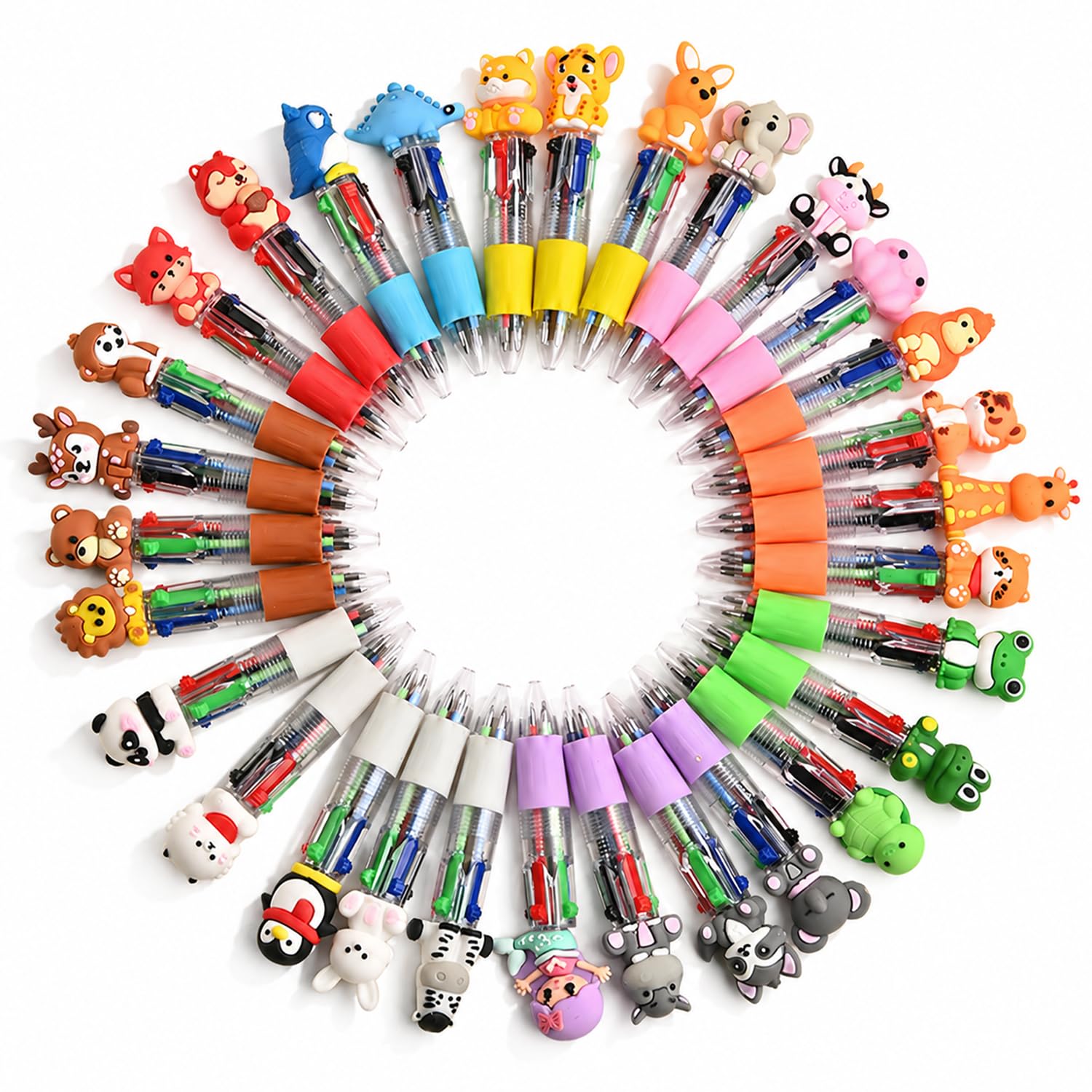 30 PCS 4-Colour Cute Pens, Retractable Multicolour Pens with Cute Cartoon Animal Toppers, Novelty Writing Pen Set for Kids School Stationery, Birthday Party Favours, Gifts for Students from Teachers