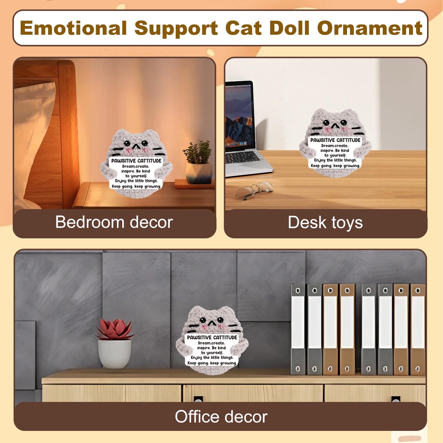 Positive Crochet Cat – Handmade Emotional Support Plush With Inspirational Card, Cute Gift For Women & Girls