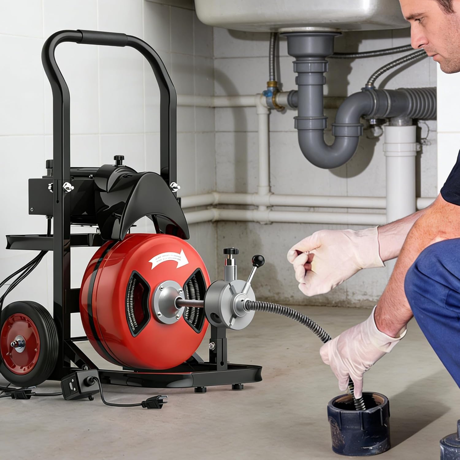 100Ft x 3/4 Inch Electric Drain Cleaning Machine, 750W Auto-Feed Sewer Snake with 6 Cutter Heads. Air-Activated Foot Switch,For 4"-8" Pipes, Professional Plumbing Tool