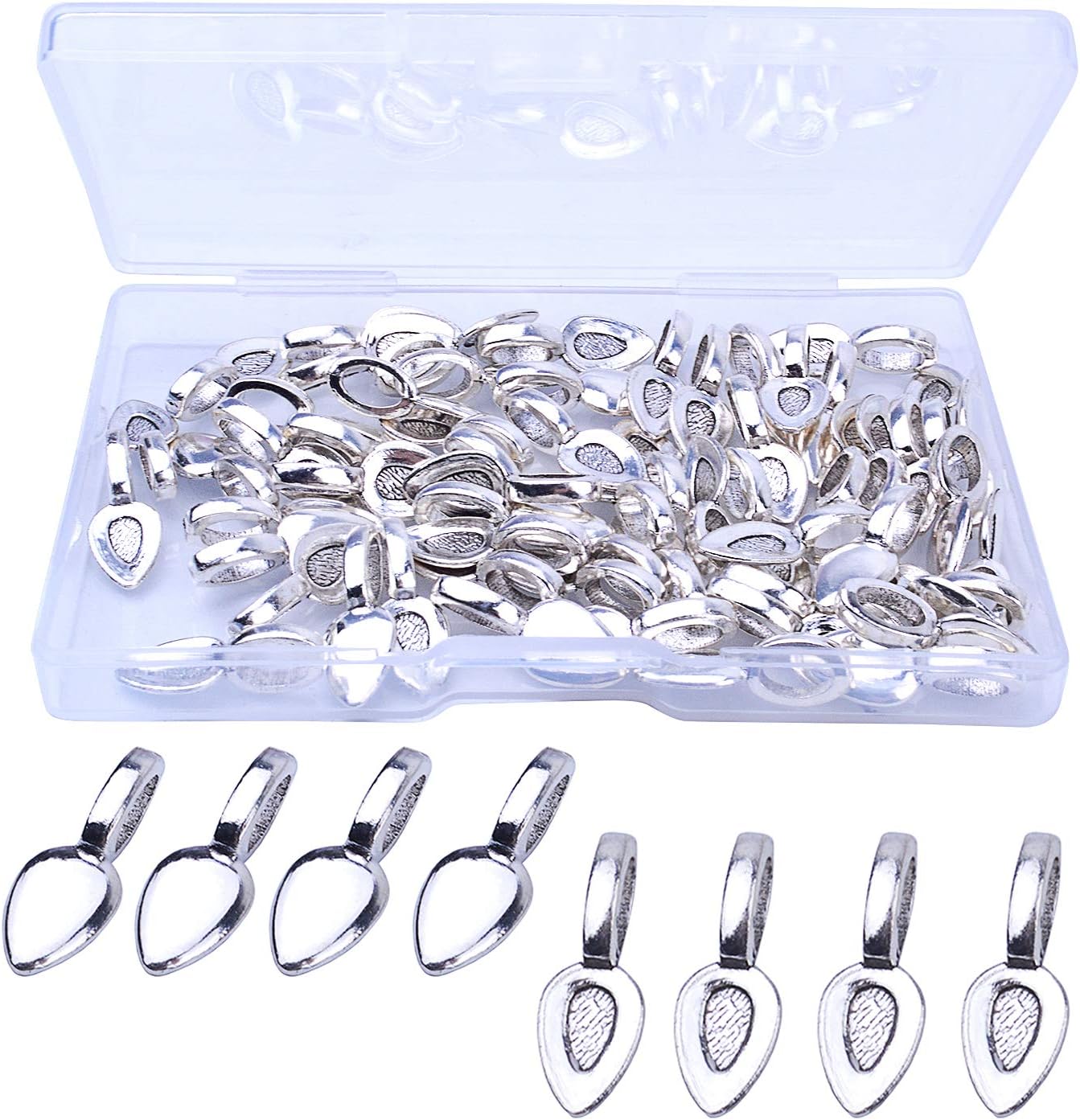 Hendevl 60 Pcs Alloy Oval Spoon Scrabble Leaf Glue On Flat Rocks Earring Pad Pendant Bails Cabochon Setting for Fitting Glass Cabochon Tiles Necklaces Pendants DIY Jewelry Making with 1Pcs Box