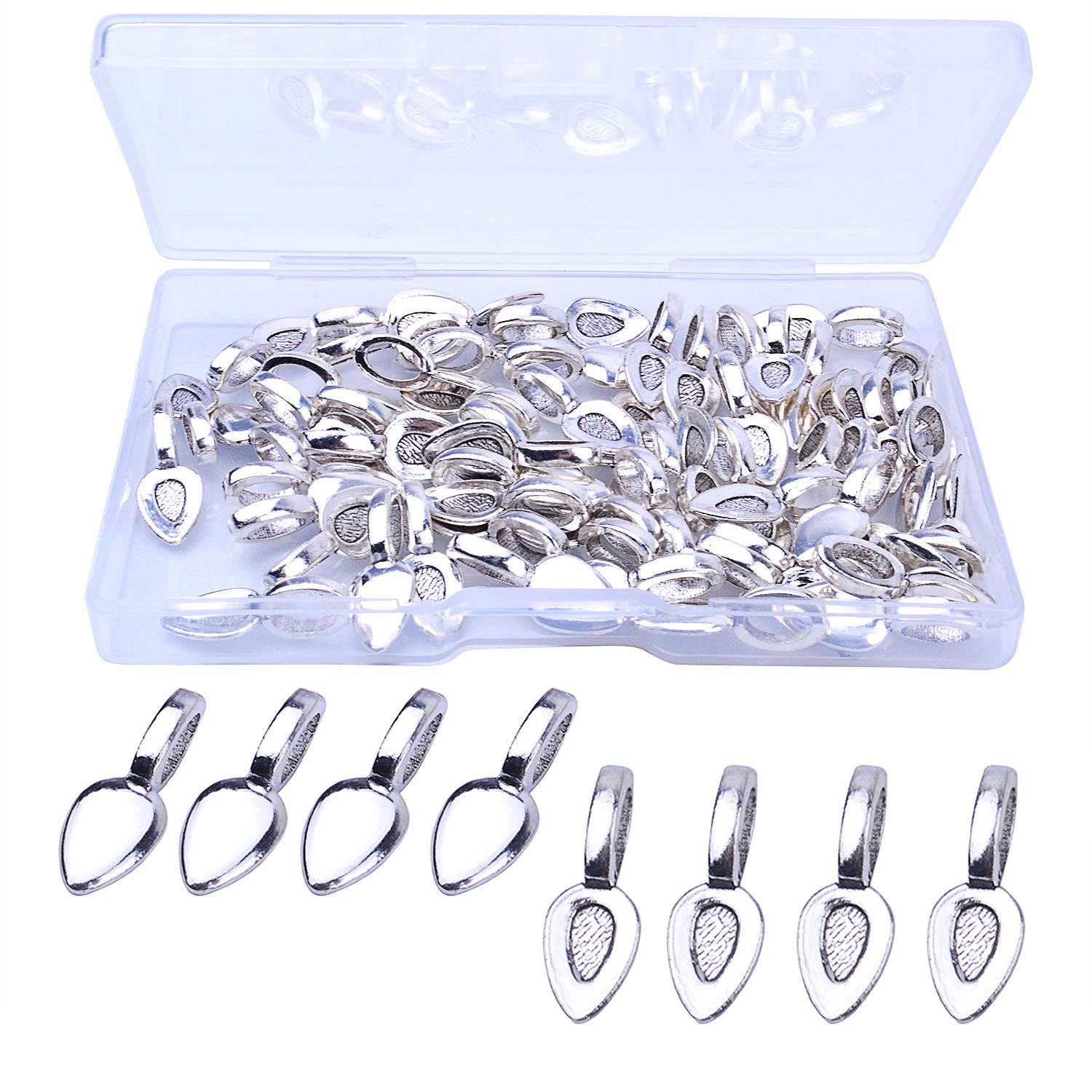 Hendevl 60 Pcs Alloy Oval Spoon Scrabble Leaf Glue On Flat Rocks Earring Pad Pendant Bails Cabochon Setting for Fitting Glass Cabochon Tiles Necklaces Pendants DIY Jewelry Making with 1Pcs Box