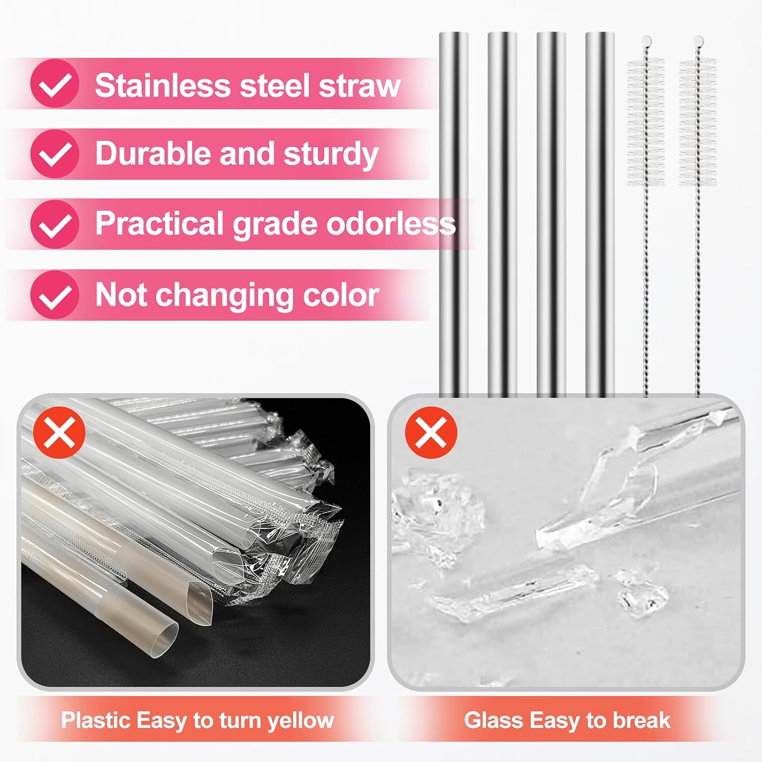 4Pcs Metal Straws Replacement Compatible With Simple Modern Kids Summit Water Bottle 14oz Stainless Steel Cup, With 2 Straw Cleaner
