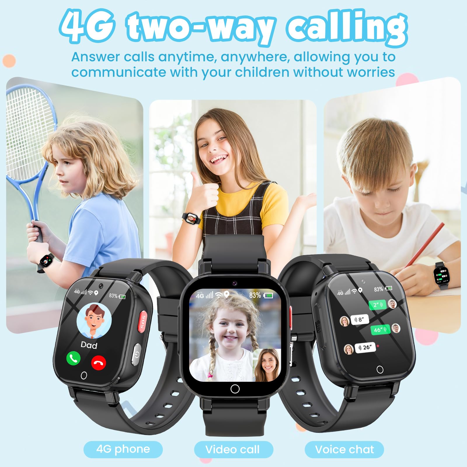 4G Smartwatch Bambini con GPS e Telefono, Orologio Smartwatch Bambini con Videochiamate, Chat Vocale, Modalità Scuola, SOS, Contapassi, Orologio Intelligente Regalo Ragazzi Ragazze 4-12, Nero