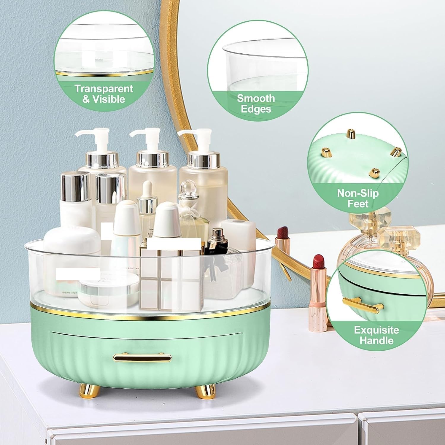 Organizzatore Di Trucchi Vassoio Portaoggetti Per La Cura Della Pelle Girevole A 360 Gradi, Organizer Per Cosmetici A 2 Livelli Con Cassetto, Organizer Per Trucchi Rotante Rotondo Contenitori Per Cosm