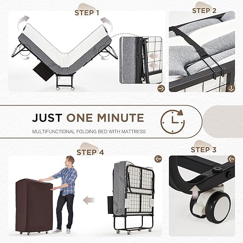 Miniatura 6 de MELLCOM Cama plegable con colchón, cama plegable portátil para adultos con colchón de espuma de 5 pulgadas, cama plegable de tamaño individual con