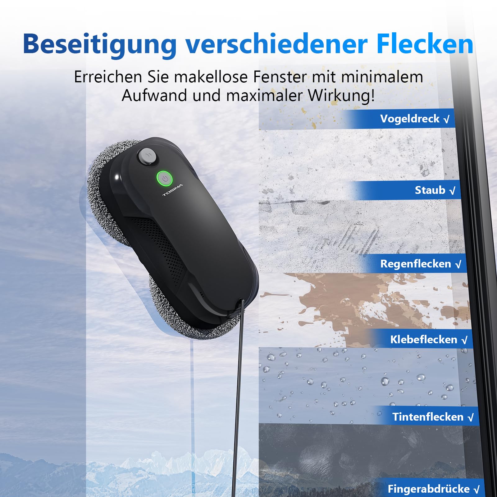 Tosima W5 Fensterputzroboter mit bidirektionalem Ultraschall-Nebelsprühfunktion, 6400Pa adaptiver Saugkraft und intelligenter Kantenerkennung für Fensterreinigung, 2026 verbesserte Version, Schwarz
