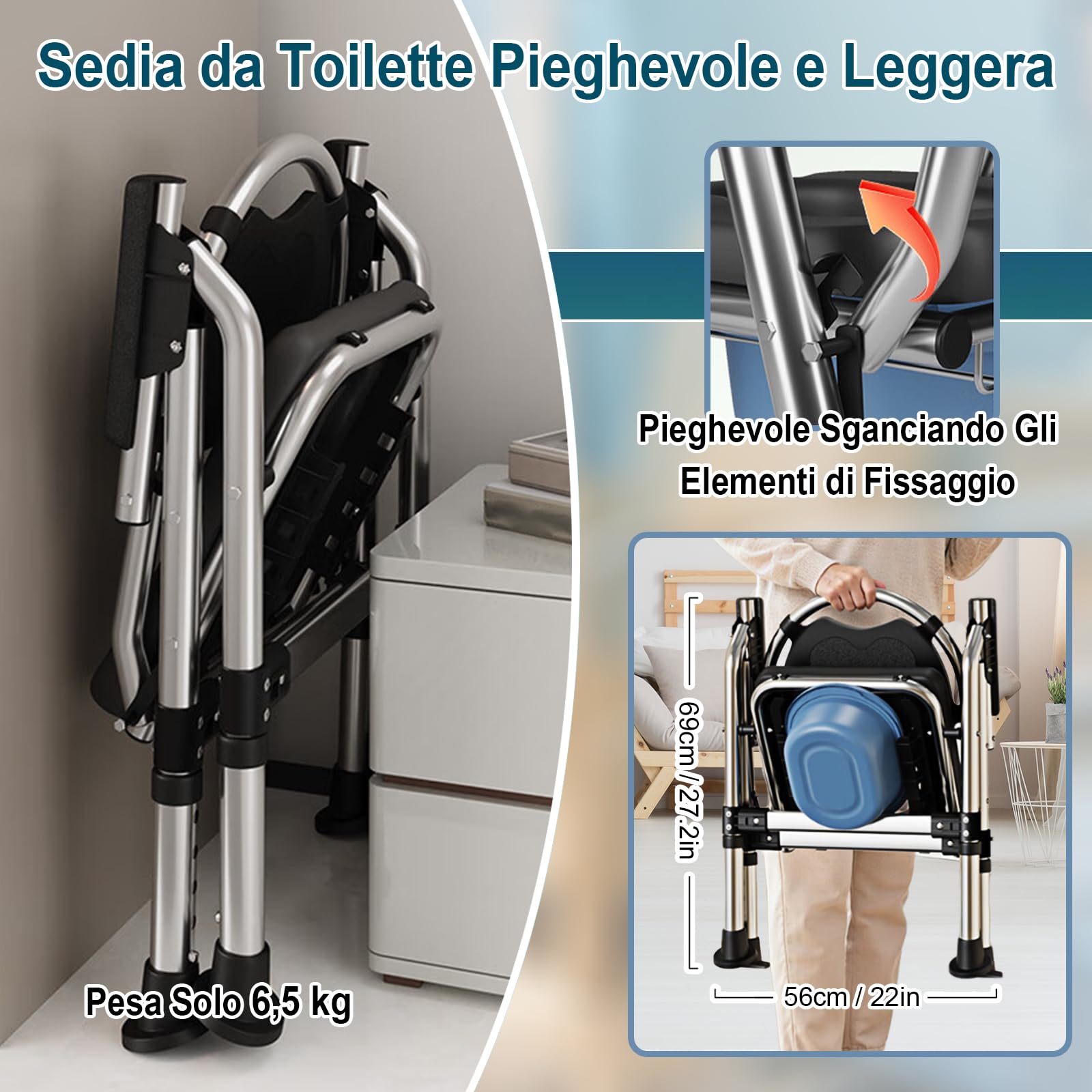 Sedia Comoda WC per Anziani Pieghevole, Regolabile in Altezza Sedia WC con Imbottito e Secchio Rimovibile, Antiscivolo Sedia per Doccia Portata Fino a 200 kg per Disabili, Donne in Gravidanza