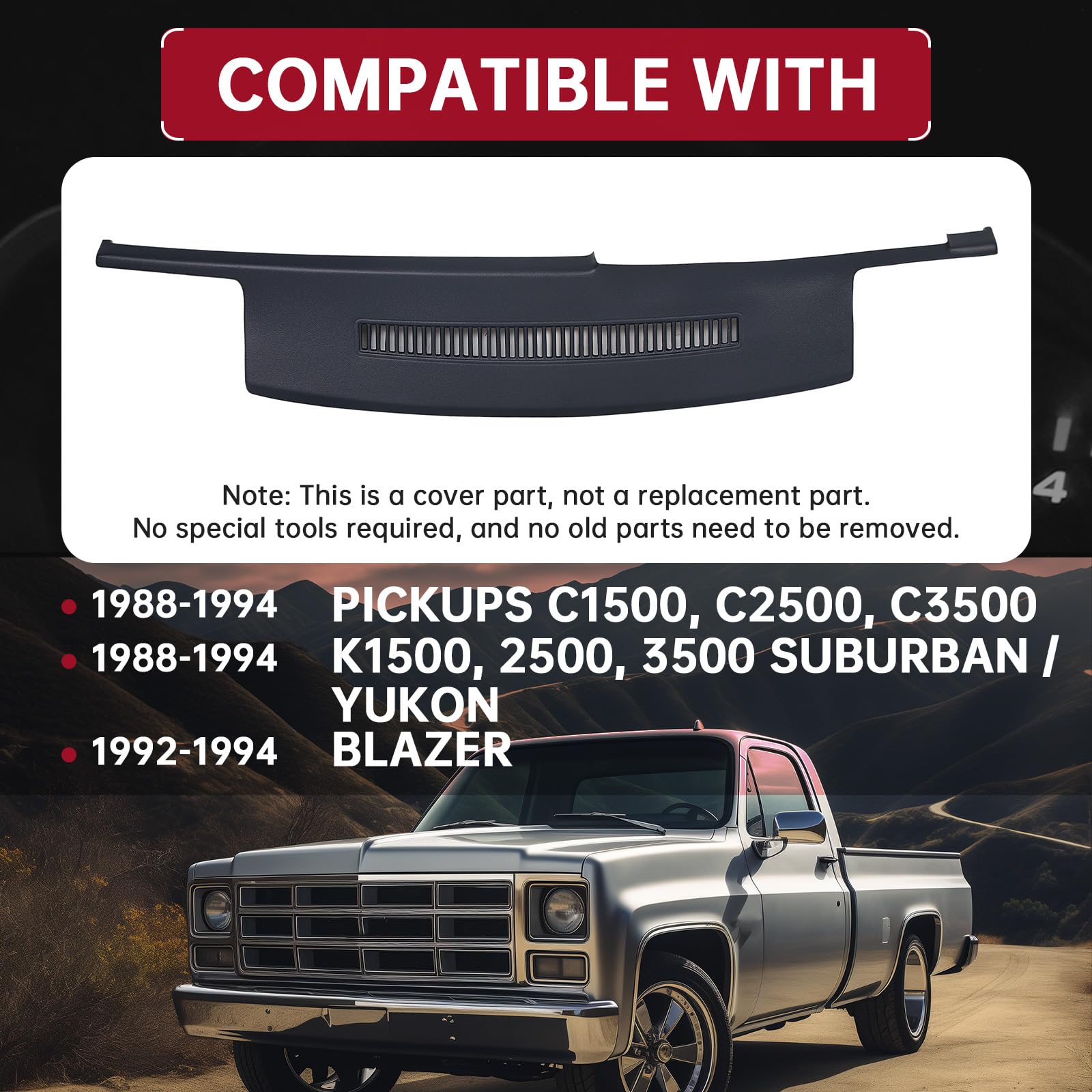 HECASA Dashboard Dash Cover Cap Overlay Compatible with 1988-1994 C1500 C2500 C3500 Pickups/K1500 2500 3500 Chevy Suburban Yukon, 1992-1994 Blazer (Dark Blue)