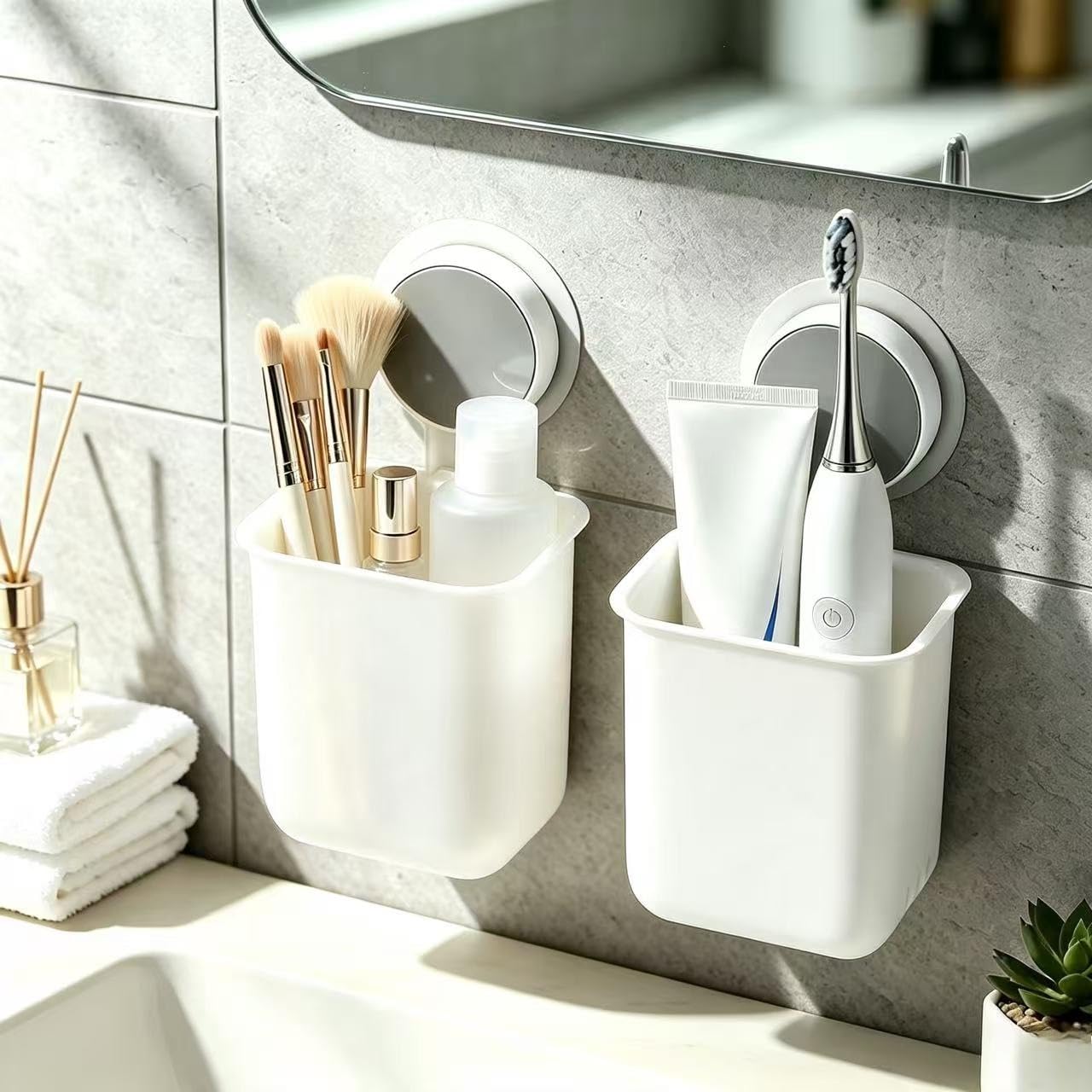 2-Piece Toothbrush Holder Wall Mounted Set Suction Cup Toothbrush Holder White In Plastic Shower Razor Organizer for Bathroom No Drilling