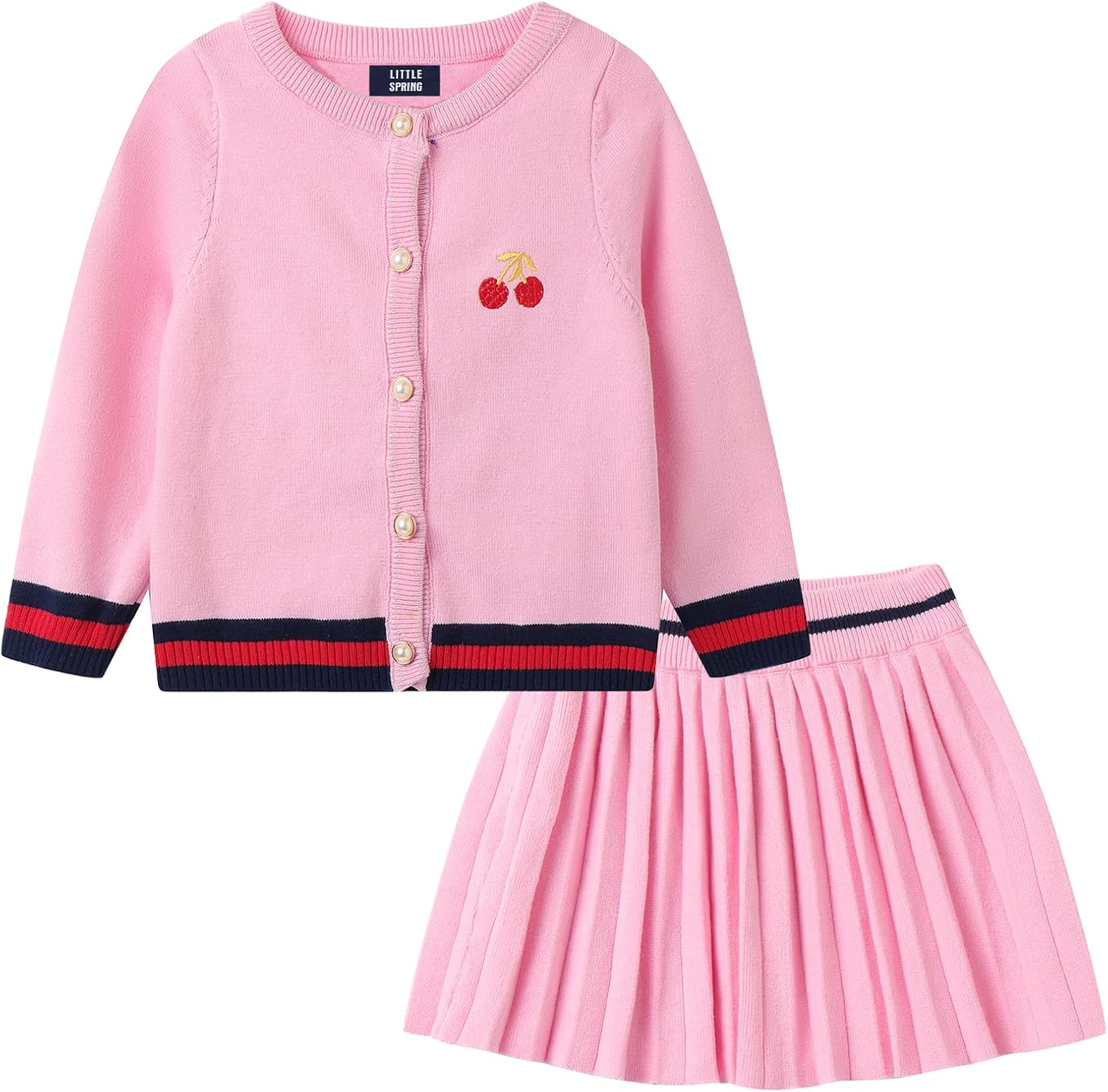 LittleSpring Girls Knit Sweater Outfits Cherry Cardigan and Skirt Sets