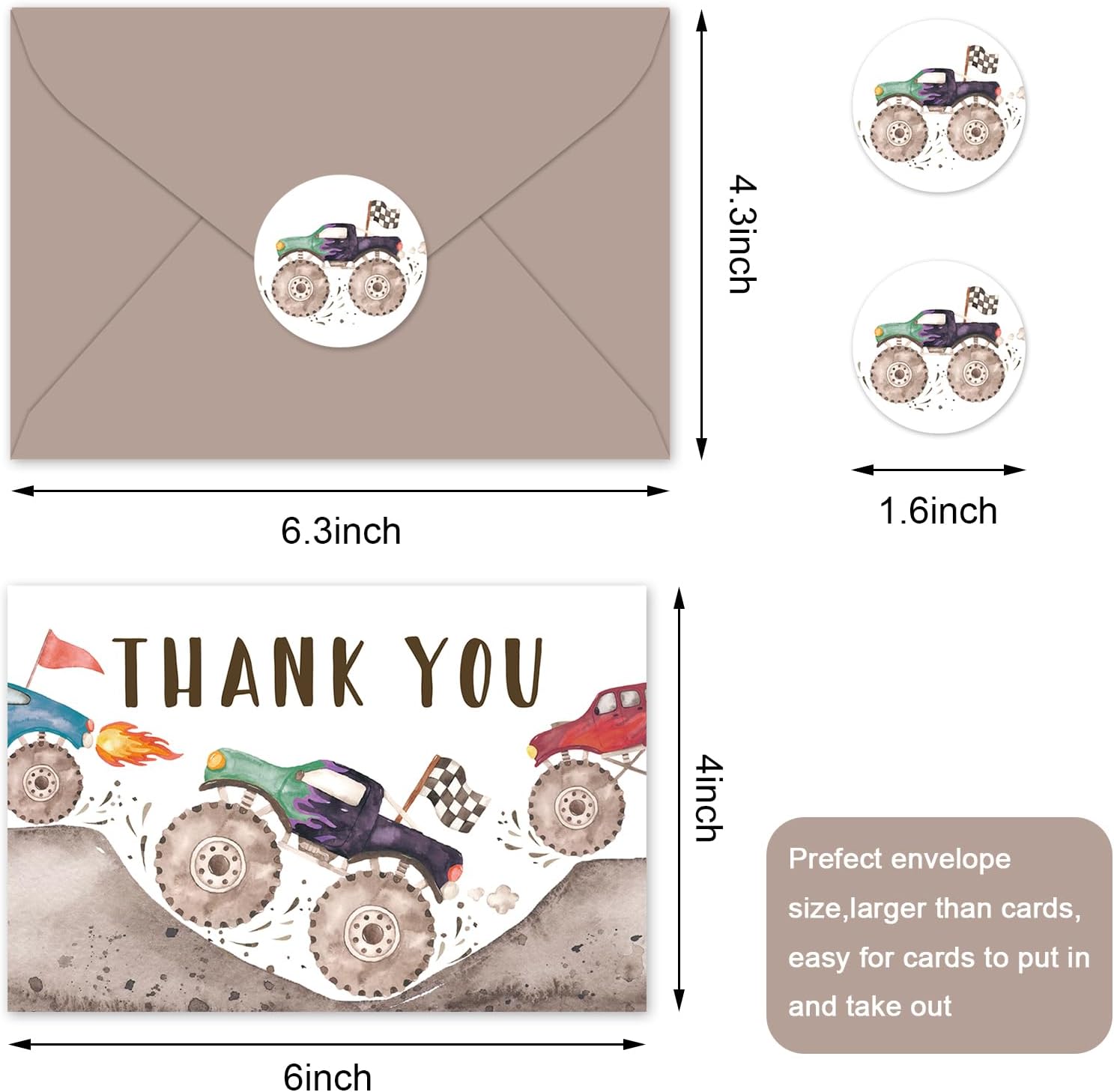 JarThenaAMCS 24 Pack Racing Truck Thank You Cards Racing Car Greeting Cards With Envelopes Stickers Colorful Truck Blank Note Card for Baby Shower Birthday Party - Image 2