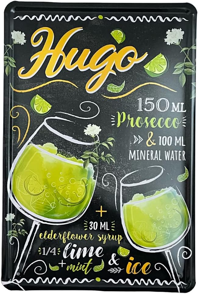 Metal Tin Sign - Hugo Cocktail Recipe - Wall Plaque Retro Vintage 30X20 Cm Decorative For Bar Pub Dining Room Kitchen Bedroom Office Garage Funny Stylish Gift