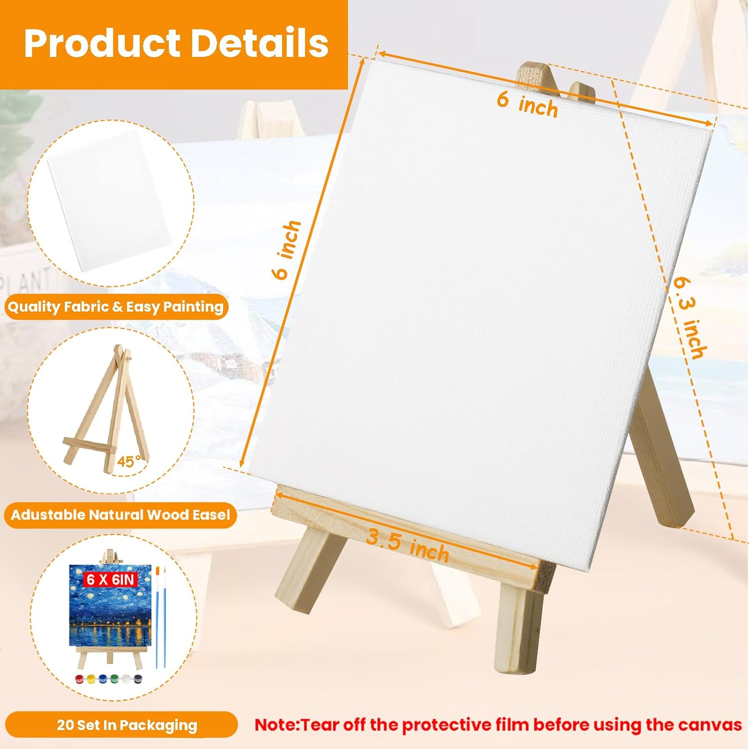 20 Pack 6 x 6 inch Mini Canvas and Easel Set, Mini Canvases for Painting with Wood Easels, Acrylic Paints, and Brushes, Small Canvas Painting Kits for Adults Students Beginners