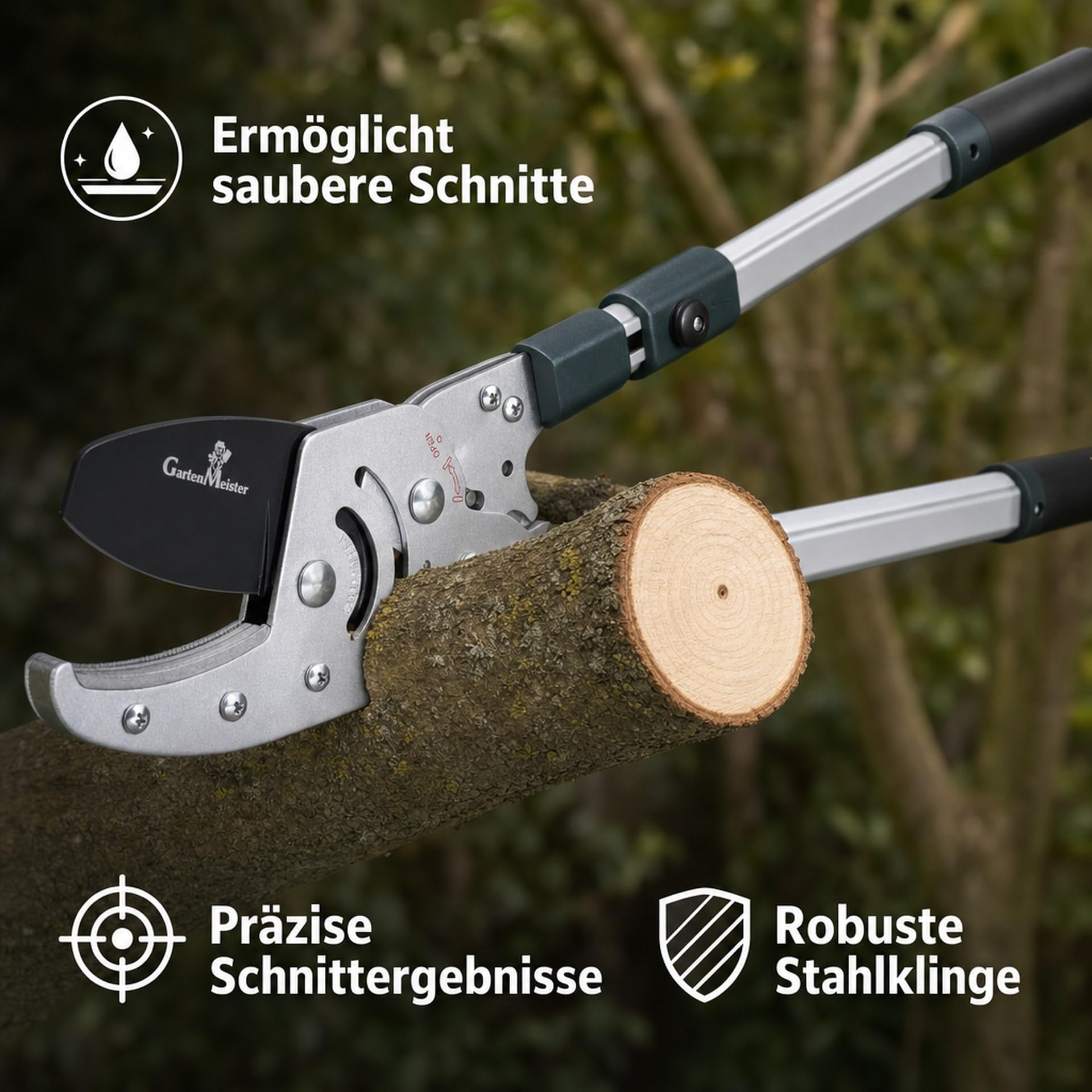 Sekator z ratchetem Amboss Astratschenschere teleskopowy 50 mm cięcia, hartowane ostrza, antypoślizgowe uchwyty, lekki 1890 g do grubych gałęzi w ogrodzie