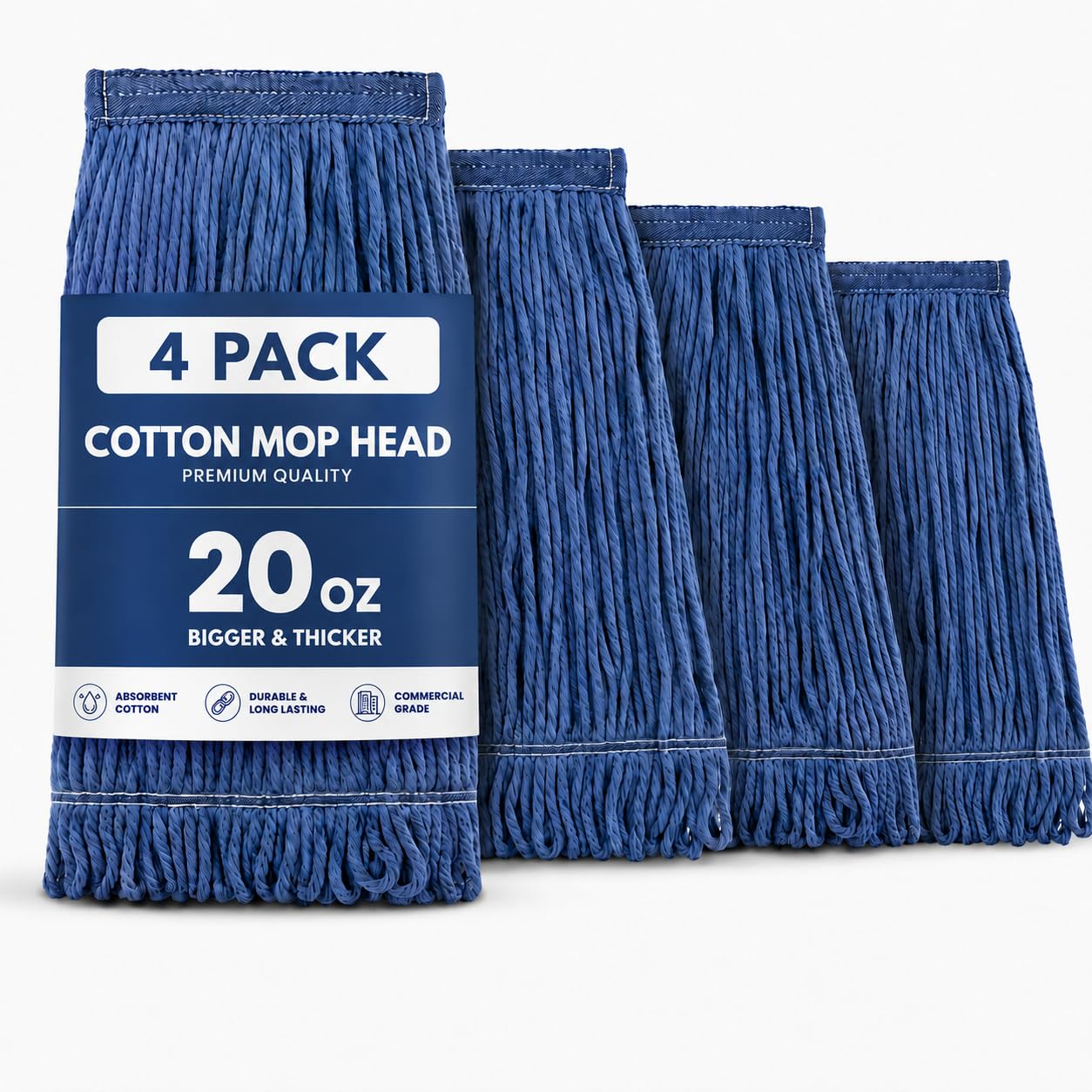 20oz Heavy Duty Cleaning Mop Head Replacement - 4 Pack - Commercial Replacement, Wet Industrial Blue Cotton Looped End String Head Refill