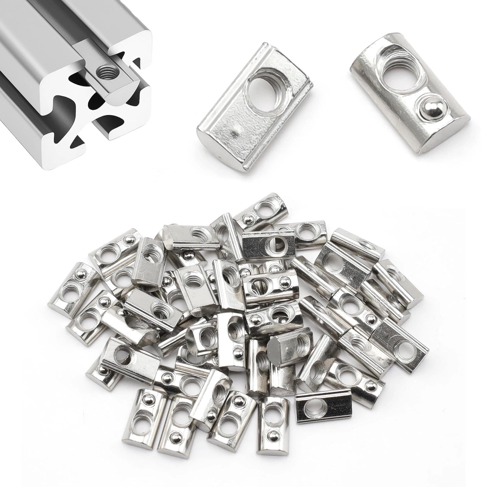 LINTRA 50 Pièces Écrous M5 Rainure 6 en T avec Bille de Centrage, 20-Série M5 Écrosu Rainure, Écrou Profilé Aluminium, Écrou en T Ressort, pour 3D CNC à Profil en C en Aluminium, Norme Européenne