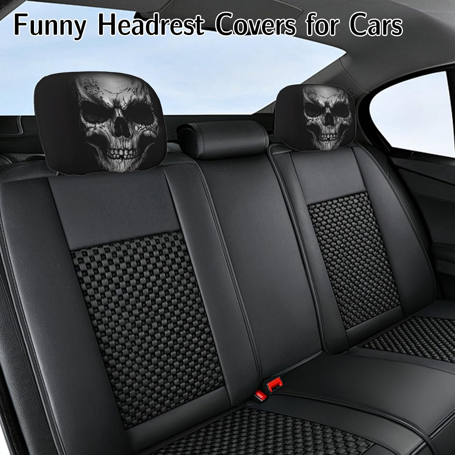 2 Pieces Funny Headrest Covers for Cars – Spooky Halloween Christmas Car Seat Accessories, Universal Fit for a Joyful Road Trip (Skull)