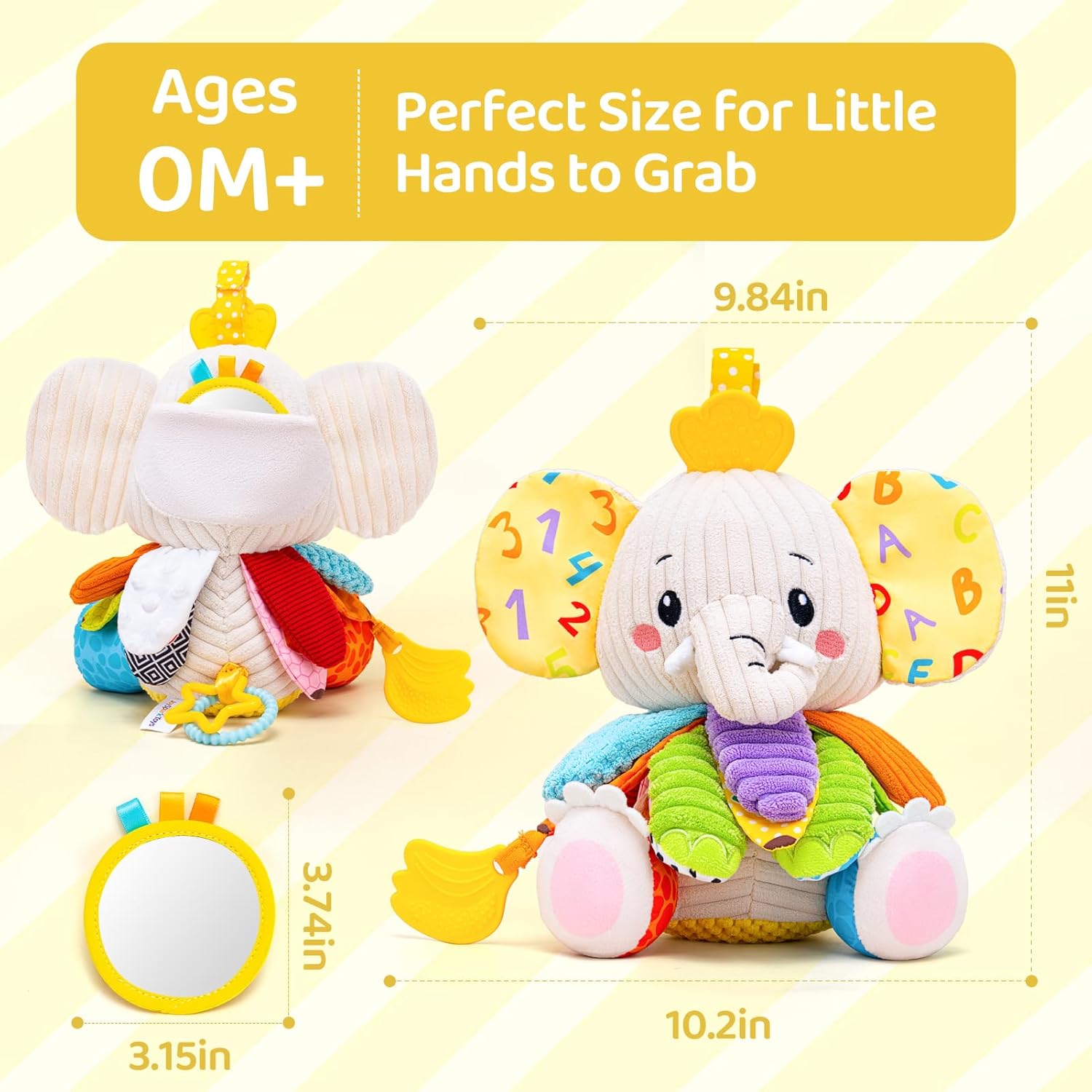 Baby Toys 3-6 Months, Musical Stuffed Elephant Toddler Toy for Newborn Infant 3 6 9 12 Months, Tummy Time Toys Montessori Sensory Toys 0-6 6-12 Months, Crinkle Paper, Mirror Soothing Music Shower Gift