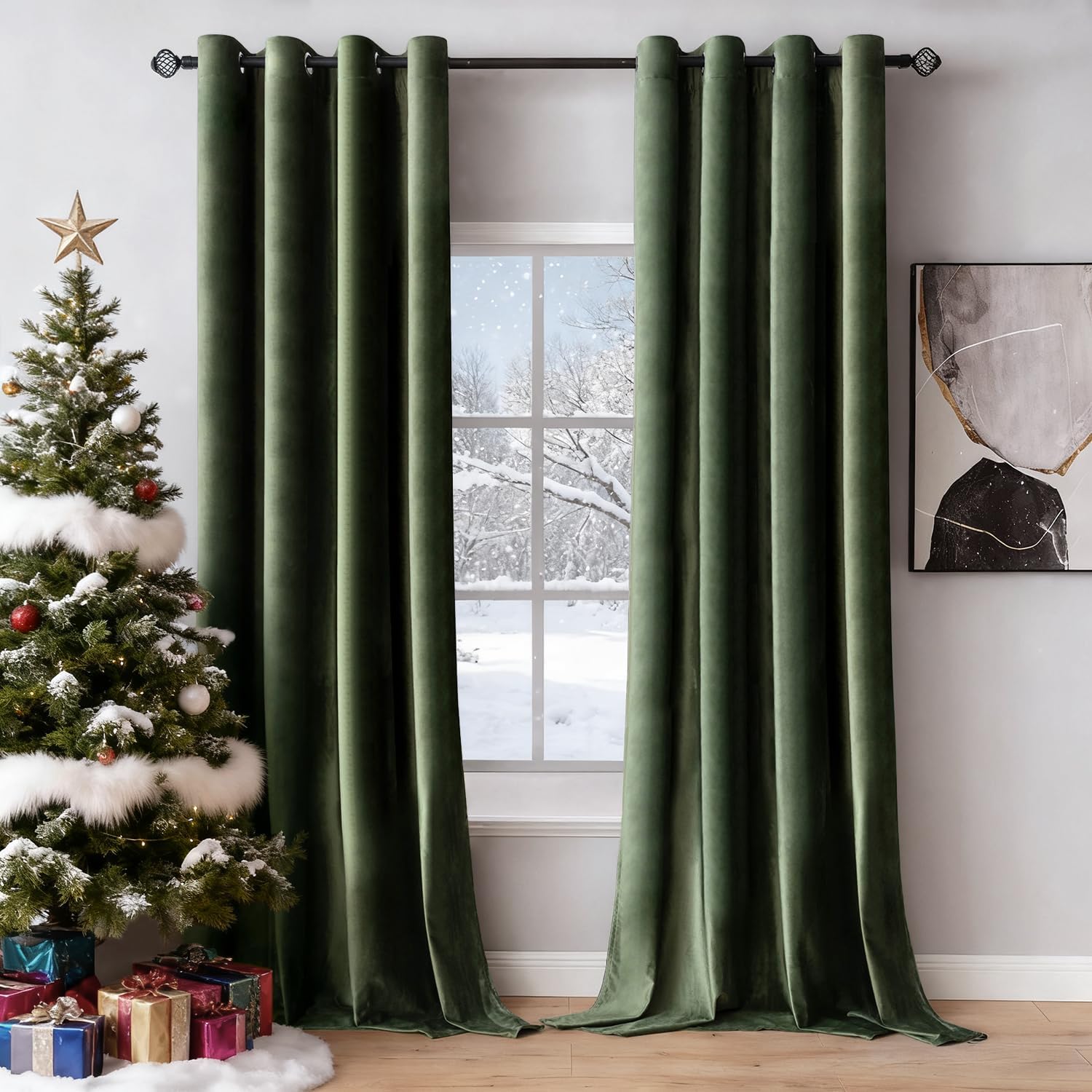MIULEE Velvet Curtains Olive Green 52 x 84 Inch Length Set of 2 | Grommet Drapes, Soundproof Thermal Insulated, Elegant Room Darkening Blackout Curtains, Classical Living Room Bedroom Decor