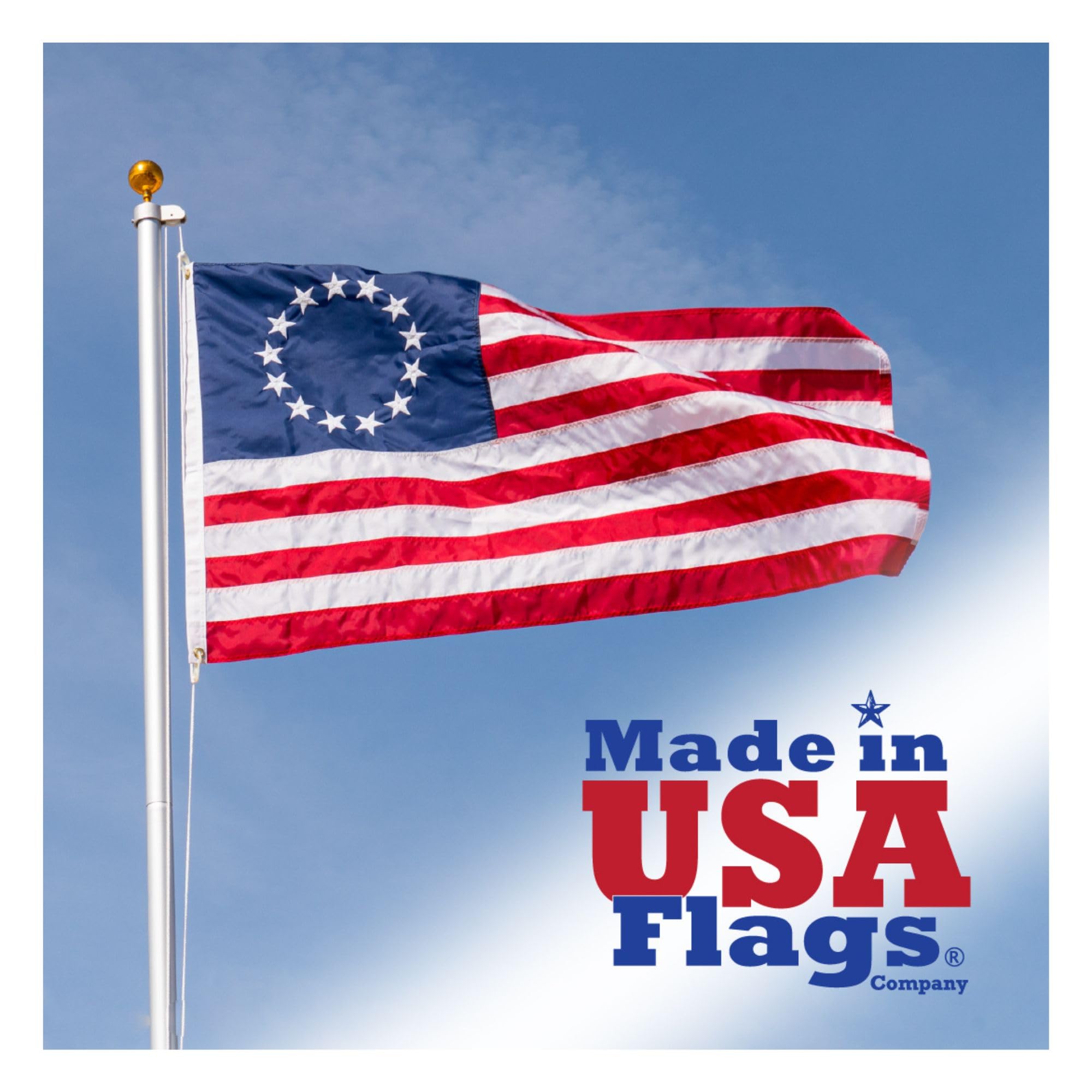 Made in USA Flags Co - 3x5 Betsy Ross Flag - 13 Star American Flag with All Weather SolarMax Nylon, Sewn Stripes & Embroidered Stars - FMAA Certified, US Made