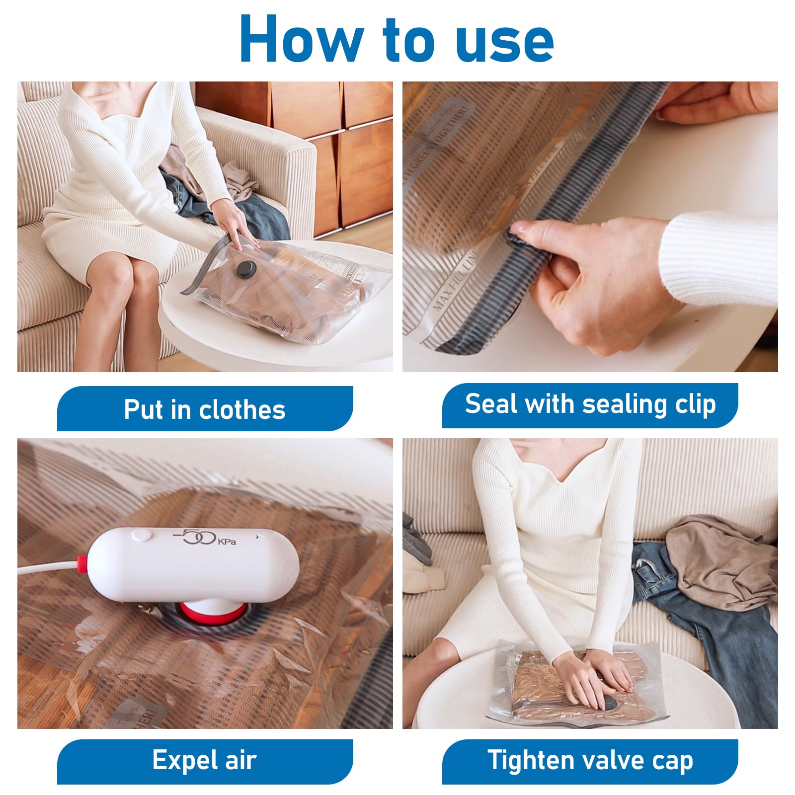 Sac Sous Vide Vetement Aspirateur avec Pompe USB, Lot de 6 Sacs de Rangement Sous Vide (2X 40*40cm, 2X 40*50cm, 2X 40*60cm), Sac Sous Vide Voyage Réutilisables - Voyage Essentials peu Encombrants