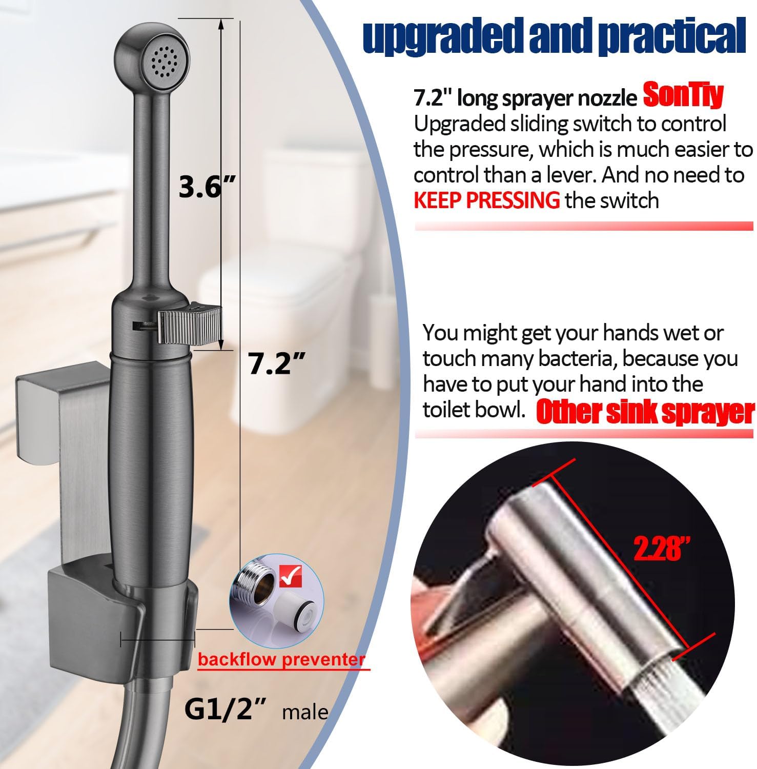 SonTiy Handheld Bidet Toilet Sprayer Gunmetal, Cloth Diaper Sprayer Bathroom Hand Held Jet Spray Bidet Attachment for Toilet with Adjustable Pressure Control, Solid Brass, 7.2" Bidet Wand