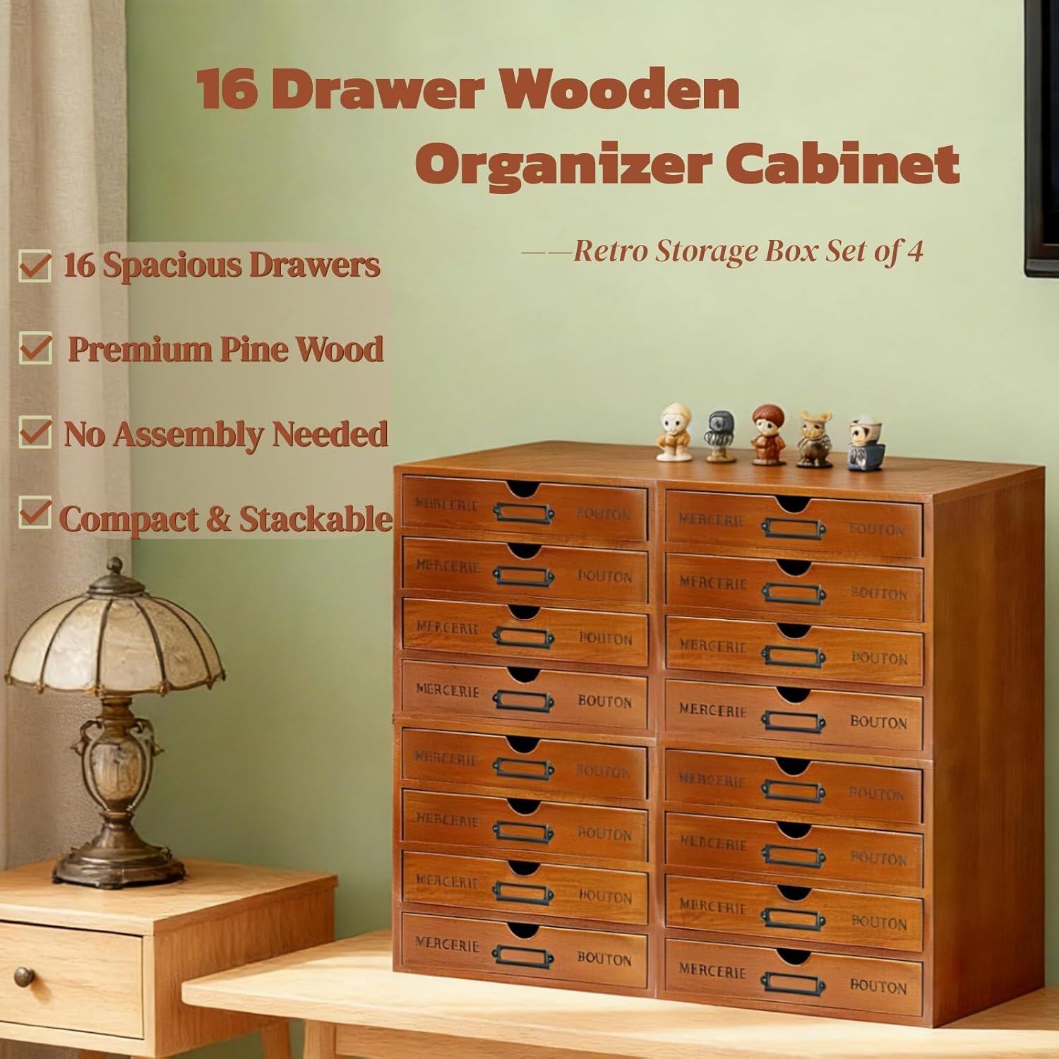 16-Drawer Wooden Desk Organizer Storage Box with Label Holders Vintage Wood Desktop Organizer, Desk Drawer Unit Collectors Box for Living Rooms, Bedrooms, Offices (Brown, 4PCS, 16 Drawers)
