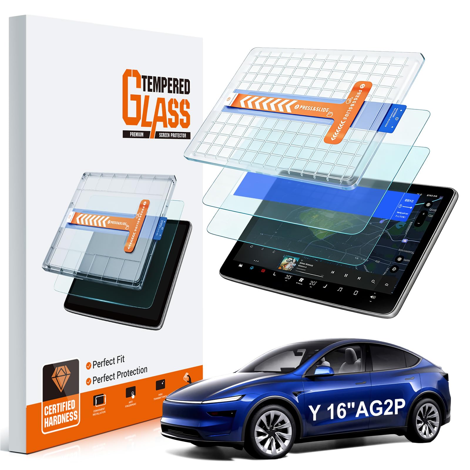 2-Pack Matte Anti Glare 2026 Tesla Model Y Juniper Screen Protector 16"+16" 9H【Front Only+1 Installation Frame】for Refreshed Premium 16 Inch QHD Touchscreen 2026 Model Y Premium/PerformanceAccessories