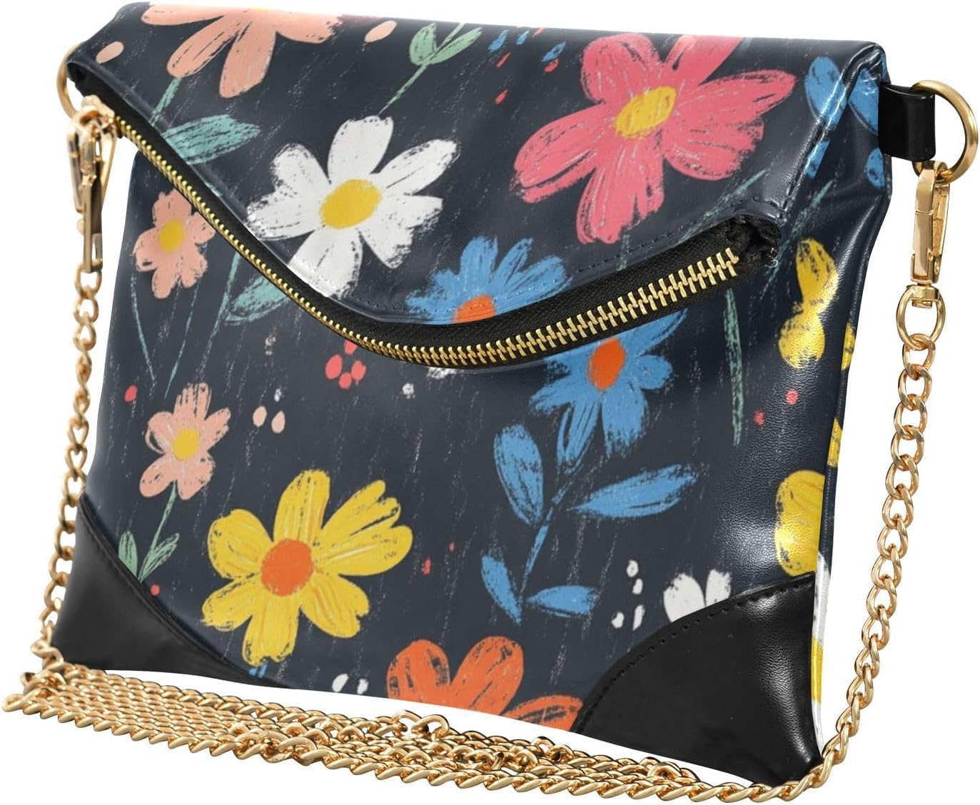 PU Leather Clutch Handbags for Women Zipper Foldover Purses And Handbags for Wedding Colorful Daisy Flowers