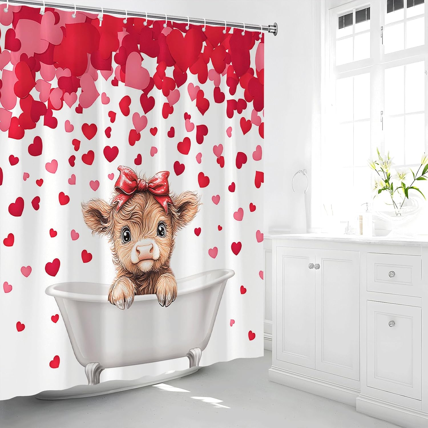 Valentine's Day Shower Curtain Cute Funny Calf Red Love Heart Farmhouse Highland Cow Country Farm Animal Rustic Vintage Romantic Fashion Girls Women Bathroom Accessories Set with Hook 70Wx90H Inch
