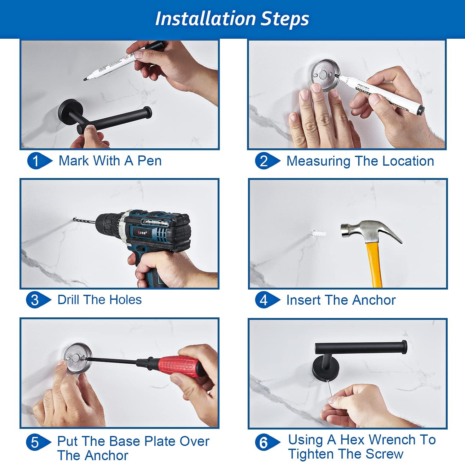 Starknows 6 PCS Bathroom Hardware Set, Matte Black Stainless Steel Bathroom Accessories Towel Rack Set Round Wall Mounted, Include 16inch Towel Bar, Toilet Paper Holder, Towel Ring, 3 Robe Towel Hooks : Tools & Home Improvement