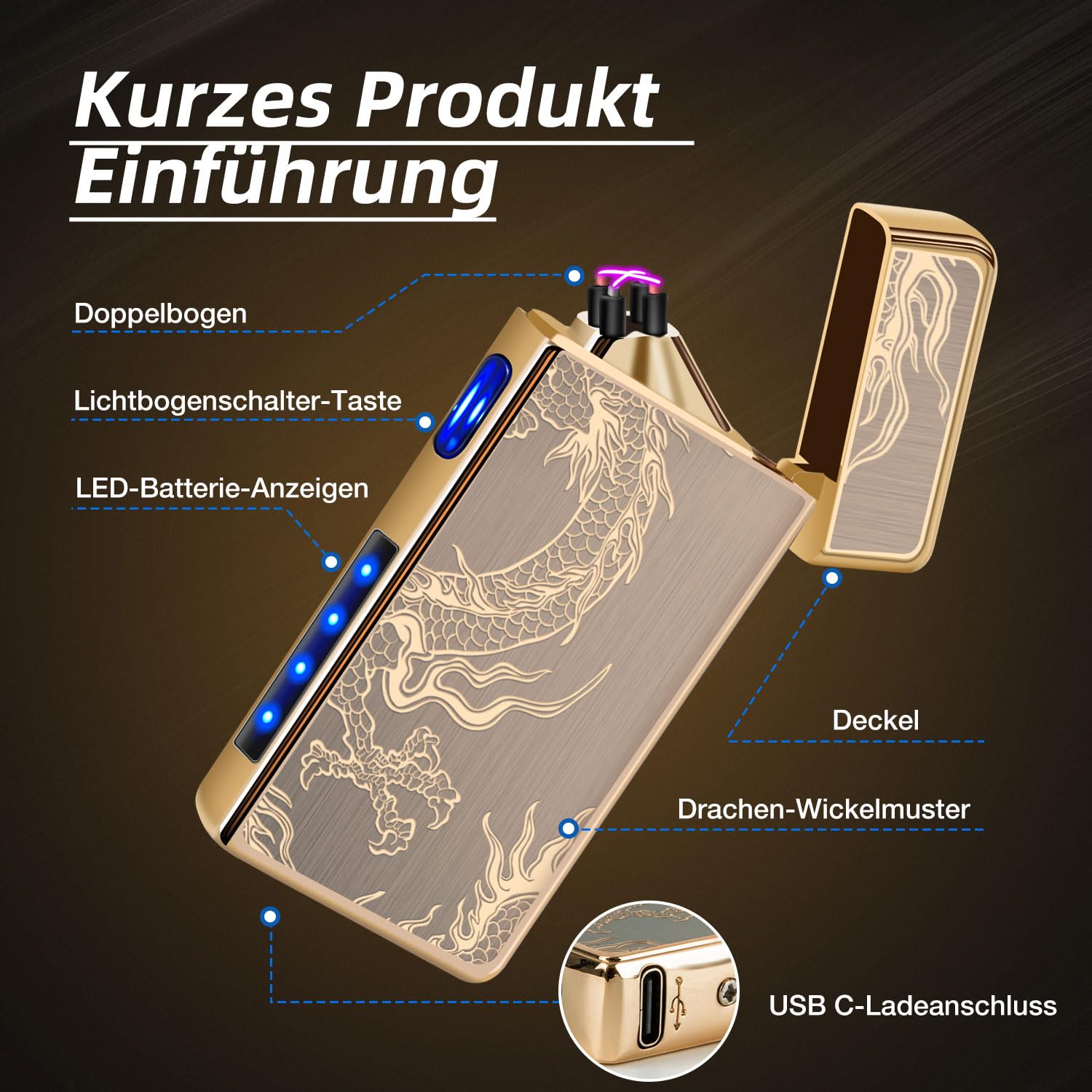 EleBikk Briquet Électrique Rechargeable USB-C - Double Arc Plasma Coupe-Vent, Affichage LED Puissance, Transparent Et Compact
