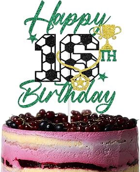 Happy 16th Birthday Cake Topper, Soccer Themed 16th Birthday Decorations, Sport Bday Decor for Boys, Soccer Themed Bday Party Decorations Green & Black & Gold Glitter