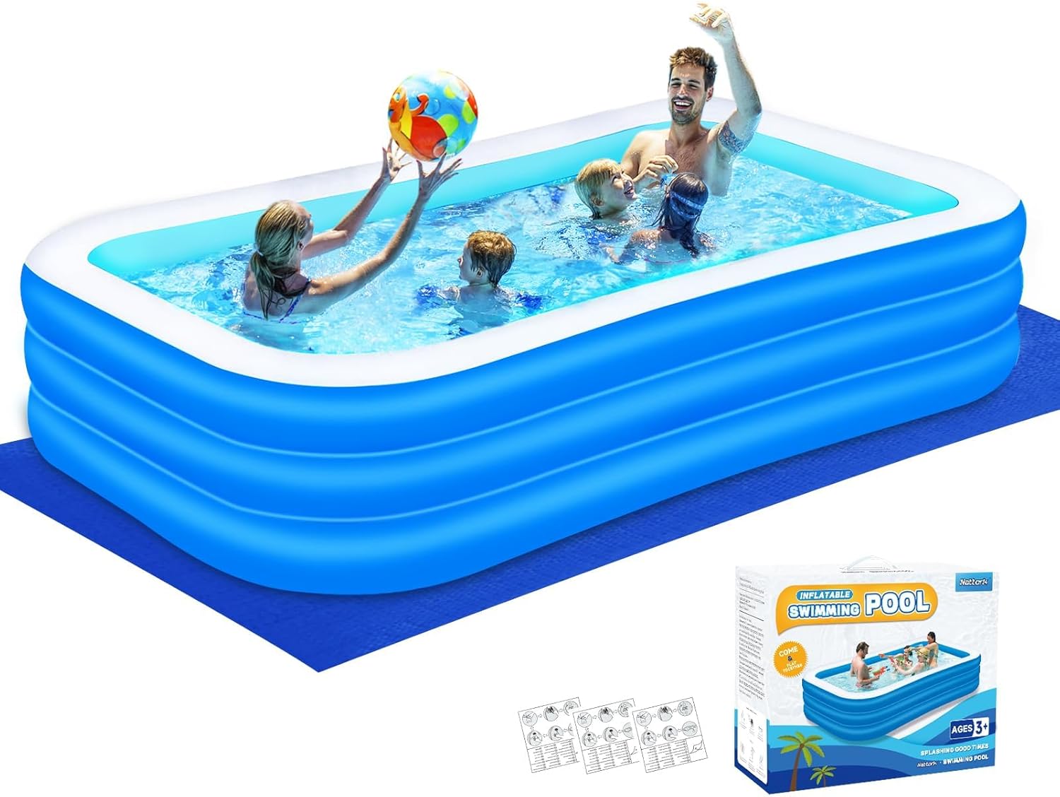 Nattork Inflatable Swimming Pool for Kids and Adults- 118 x 68 x 22 Family Full-Sized Blow Up Pools for kids -Thickened Durable Above Ground Swimming Pool Backyard Lawn, Indoor Outdoor Summer Party