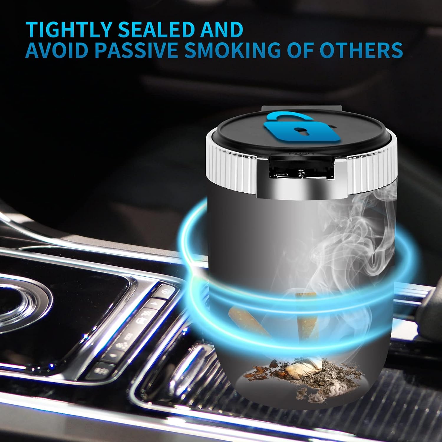 Car Ashtray withLid Smell Proof(2-Pack),Portable Ashtray,Easy Clean Up Detachable Ashtray,LED Blue Light, Windproof for Outdoor Travel, Home Use(Silver)